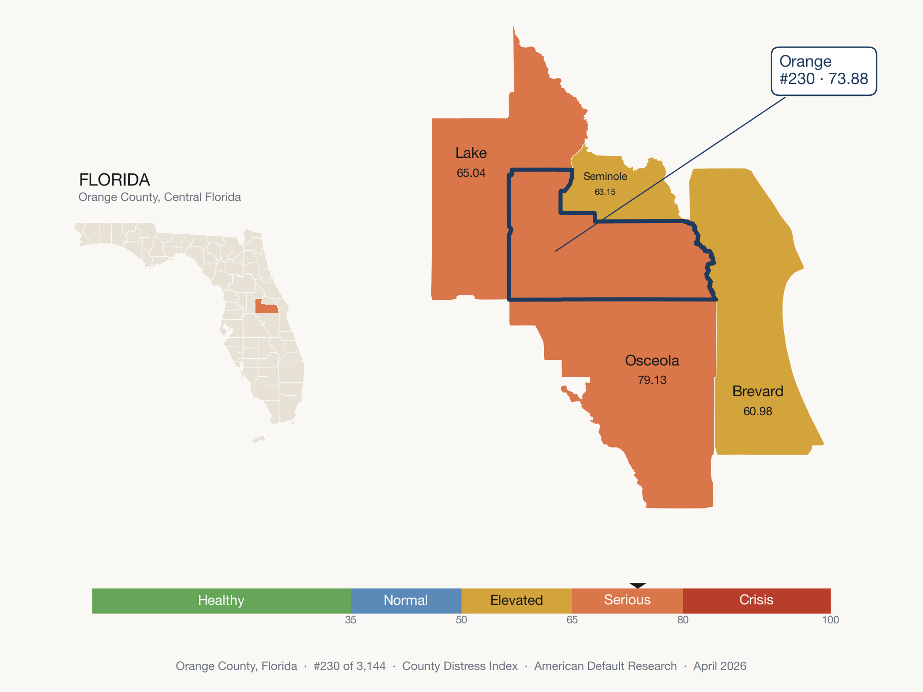 County Distress Index cluster map. Orange County, Florida and its neighbors colored by distress fifth.
