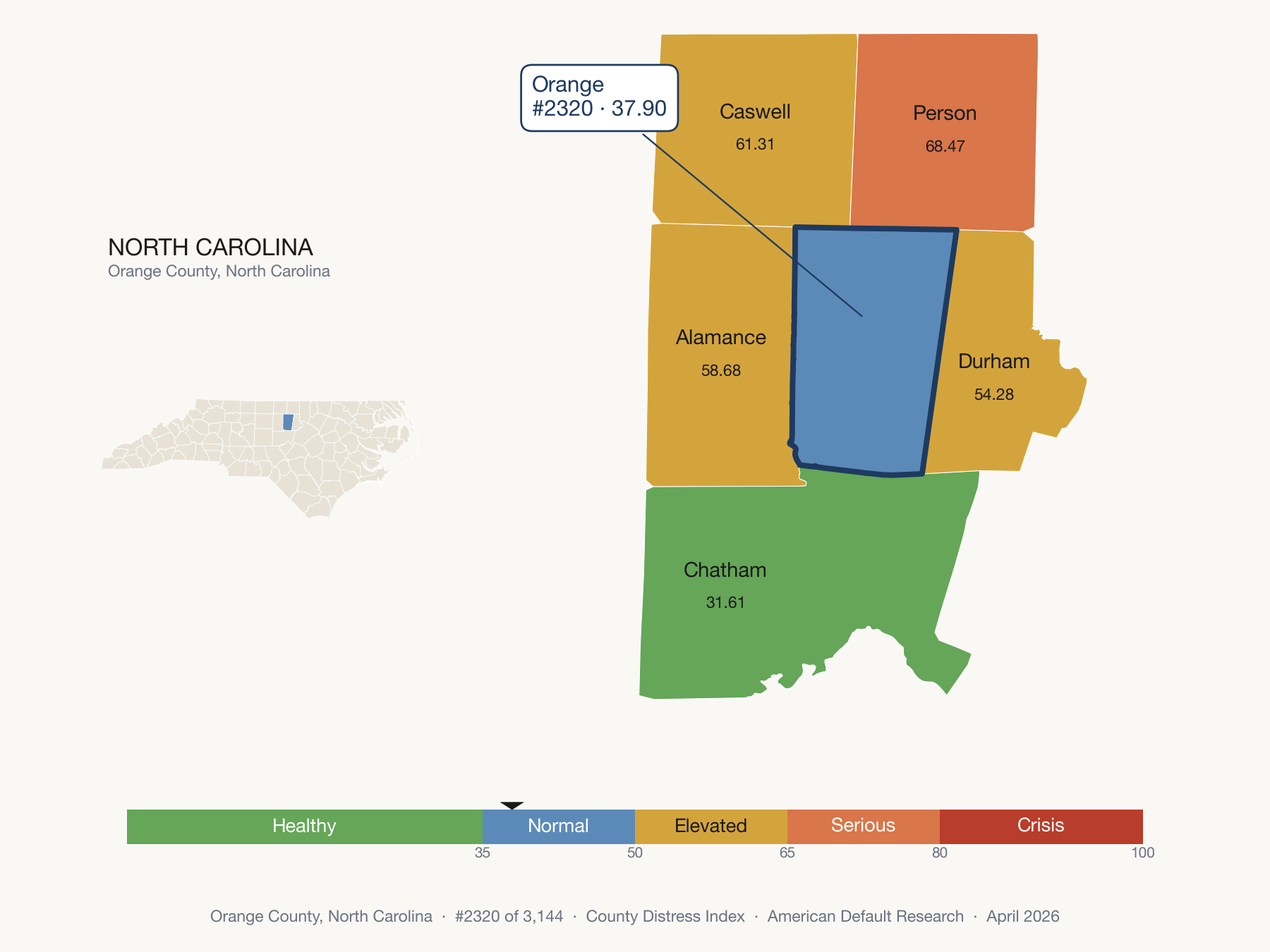County Distress Index cluster map. Orange County, North Carolina and its neighbors colored by distress fifth.