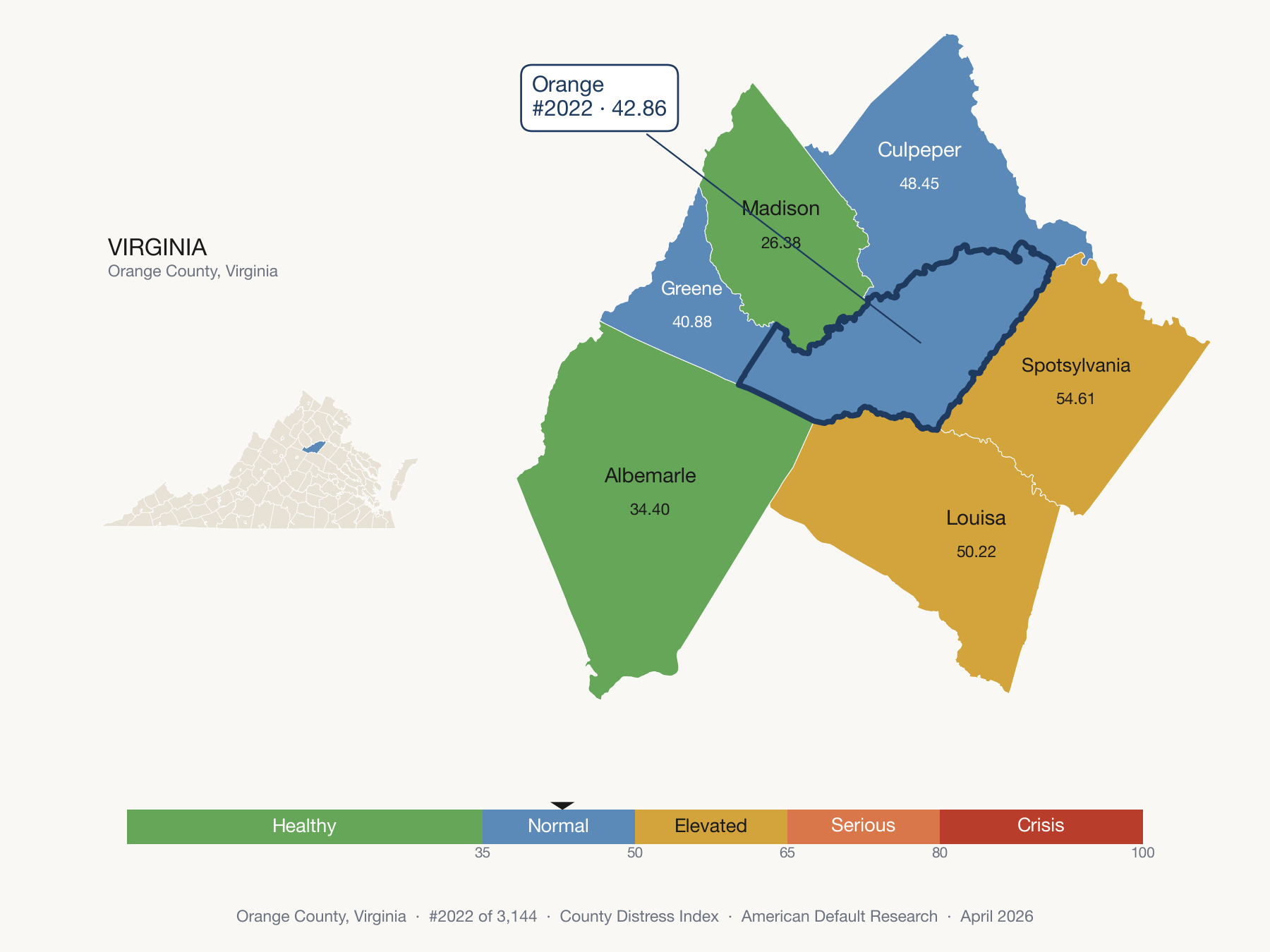 County Distress Index cluster map. Orange County, Virginia and its neighbors colored by distress fifth.