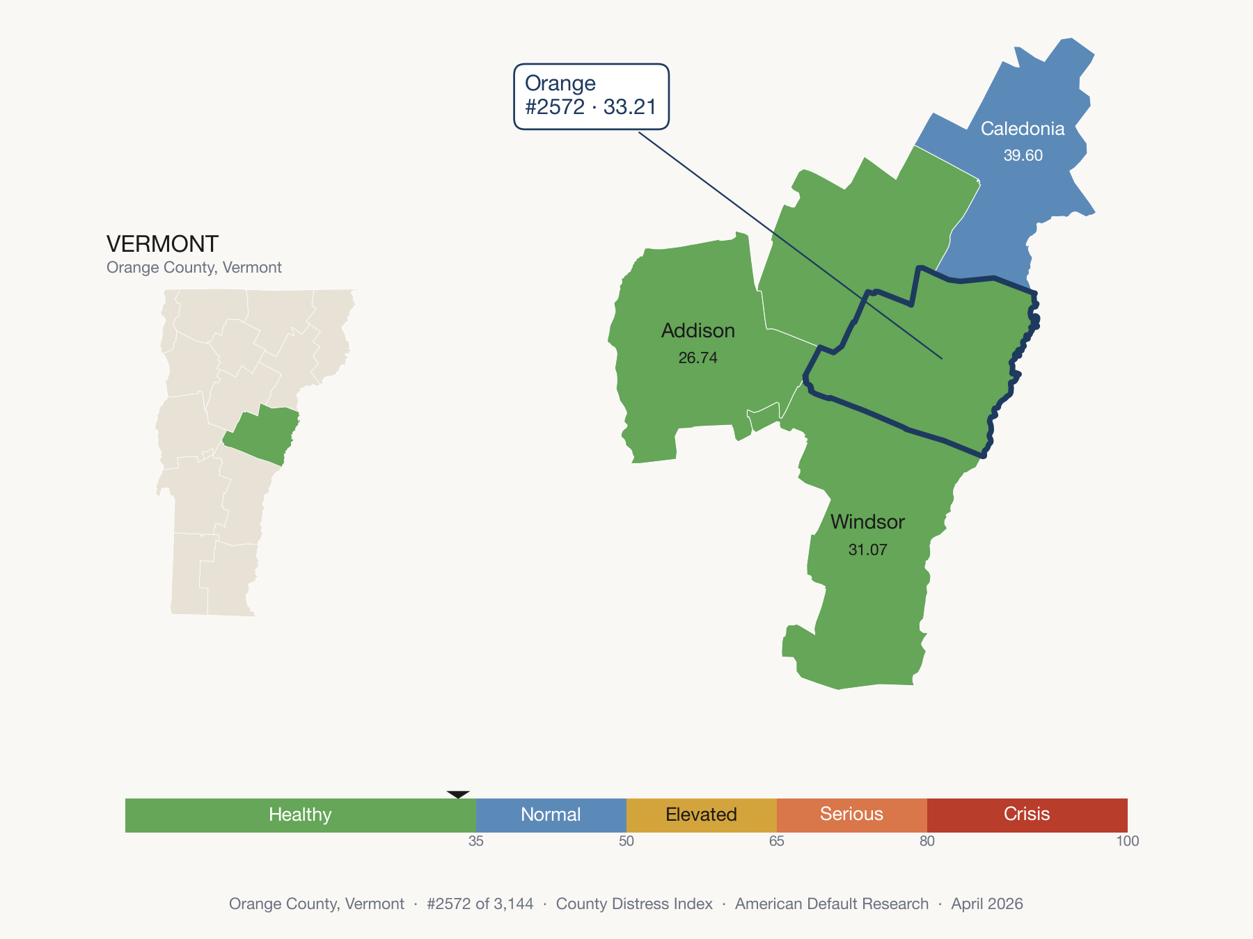 County Distress Index cluster map. Orange County, Vermont and its neighbors colored by distress fifth.