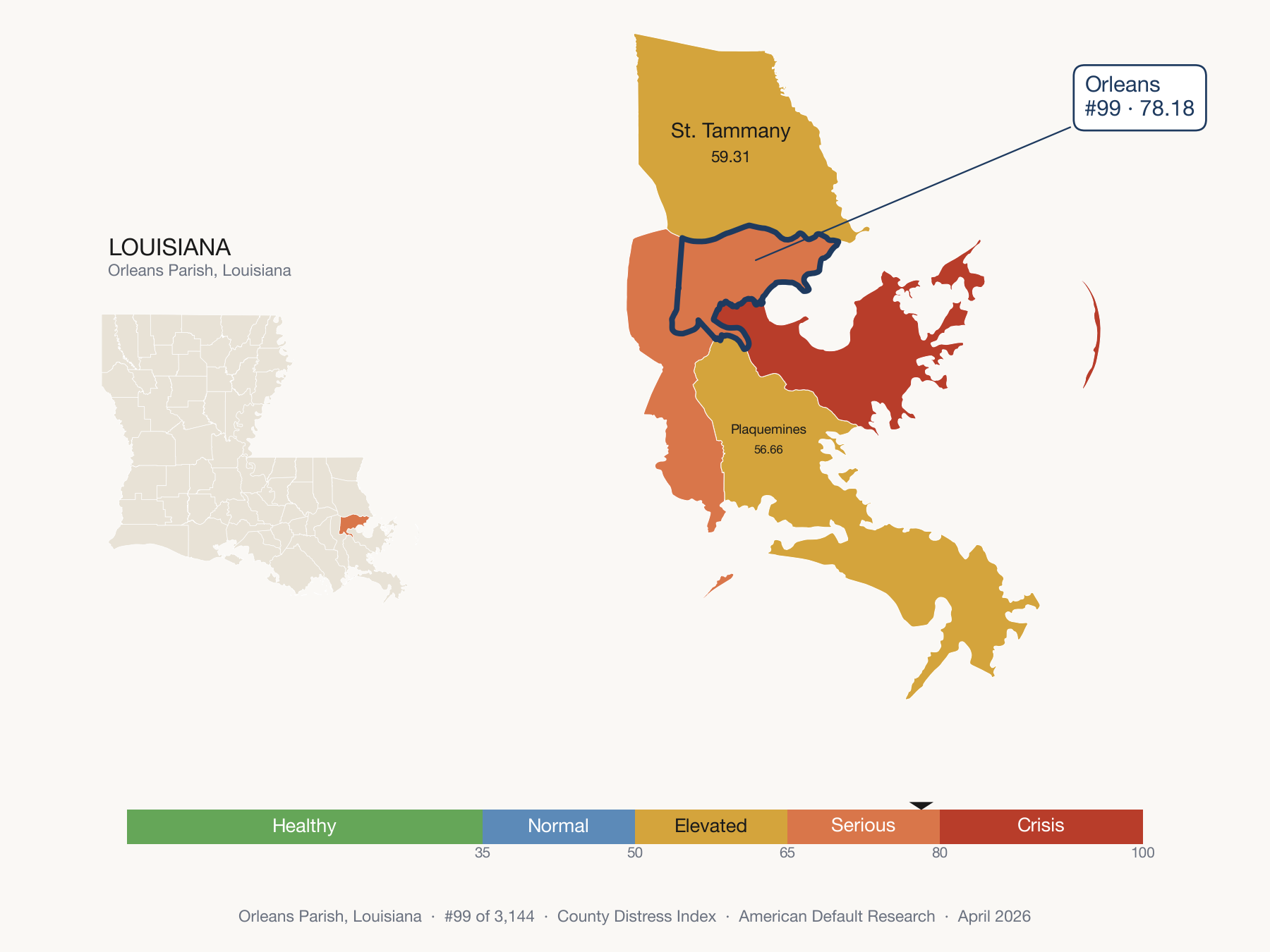 County Distress Index cluster map. Orleans Parish, Louisiana and its neighbors colored by distress fifth.