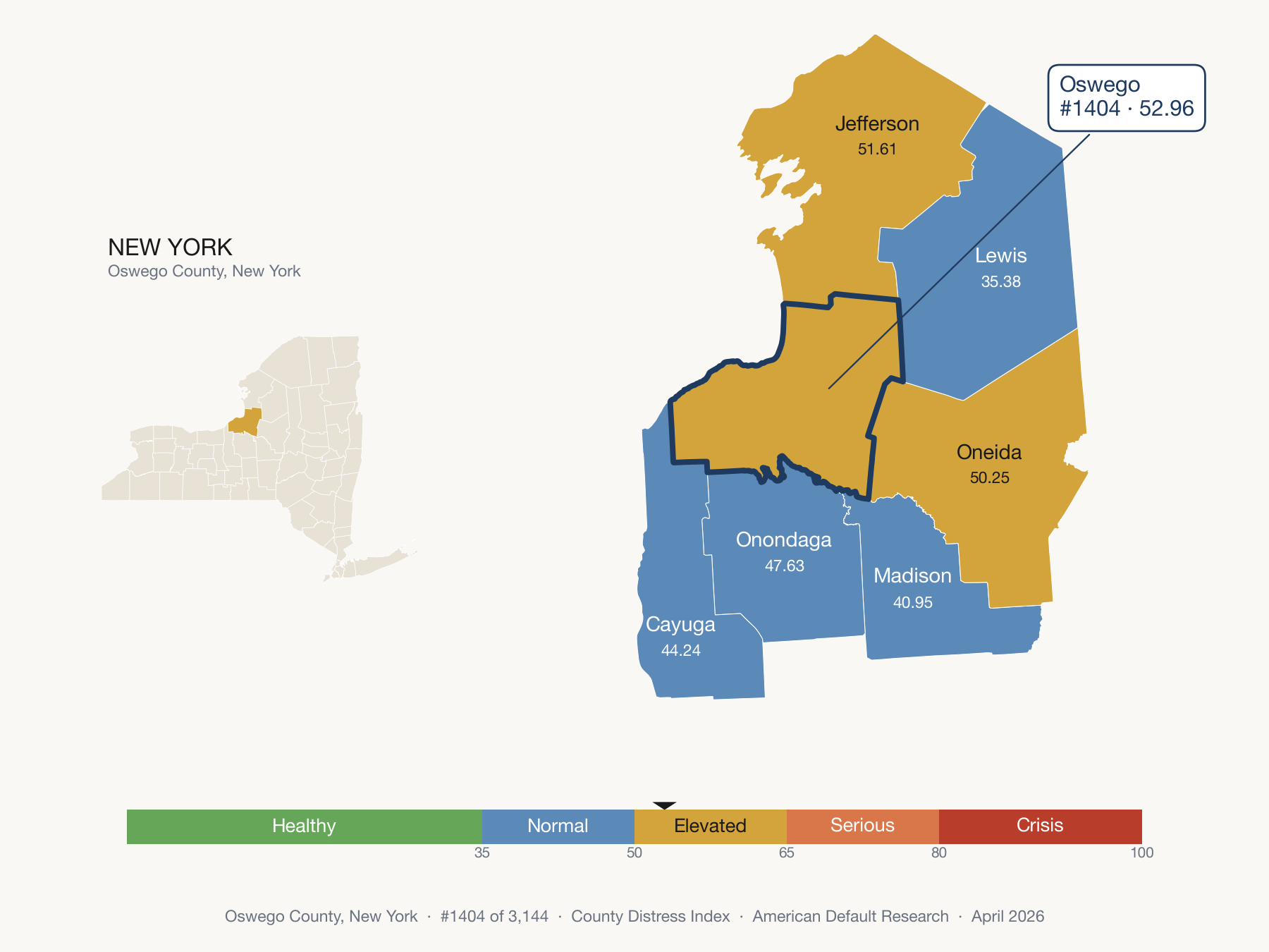 County Distress Index cluster map. Oswego County, New York and its neighbors colored by distress fifth.