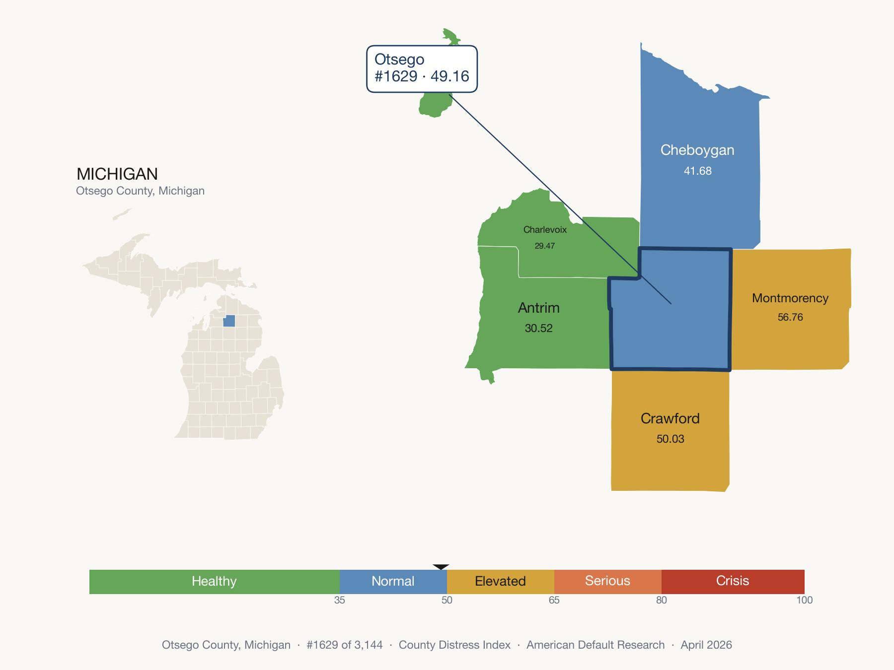 County Distress Index cluster map. Otsego County, Michigan and its neighbors colored by distress fifth.