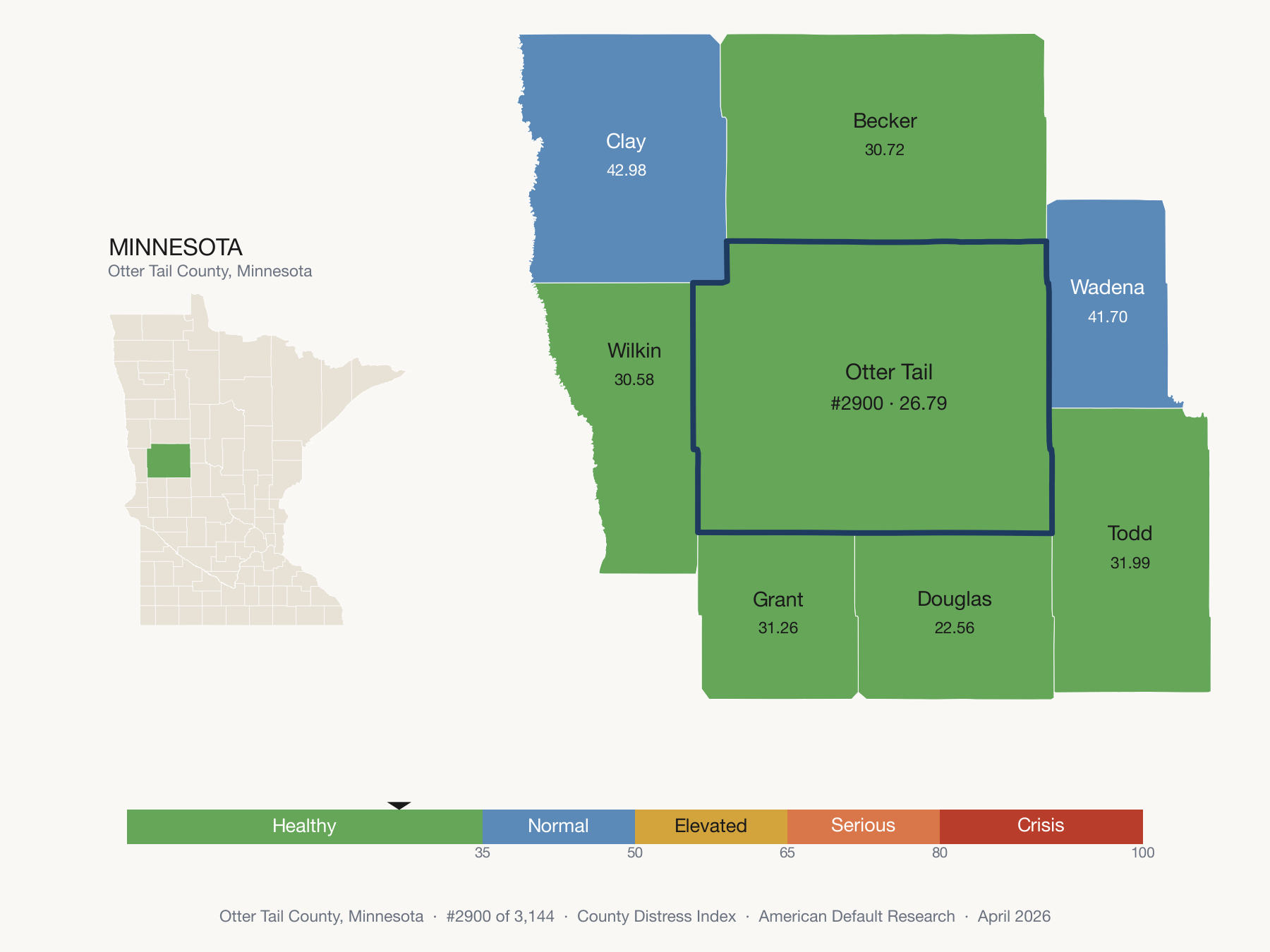 County Distress Index cluster map. Otter Tail County, Minnesota and its neighbors colored by distress fifth.