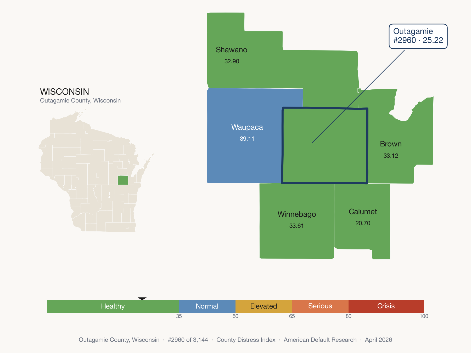 County Distress Index cluster map. Outagamie County, Wisconsin and its neighbors colored by distress fifth.