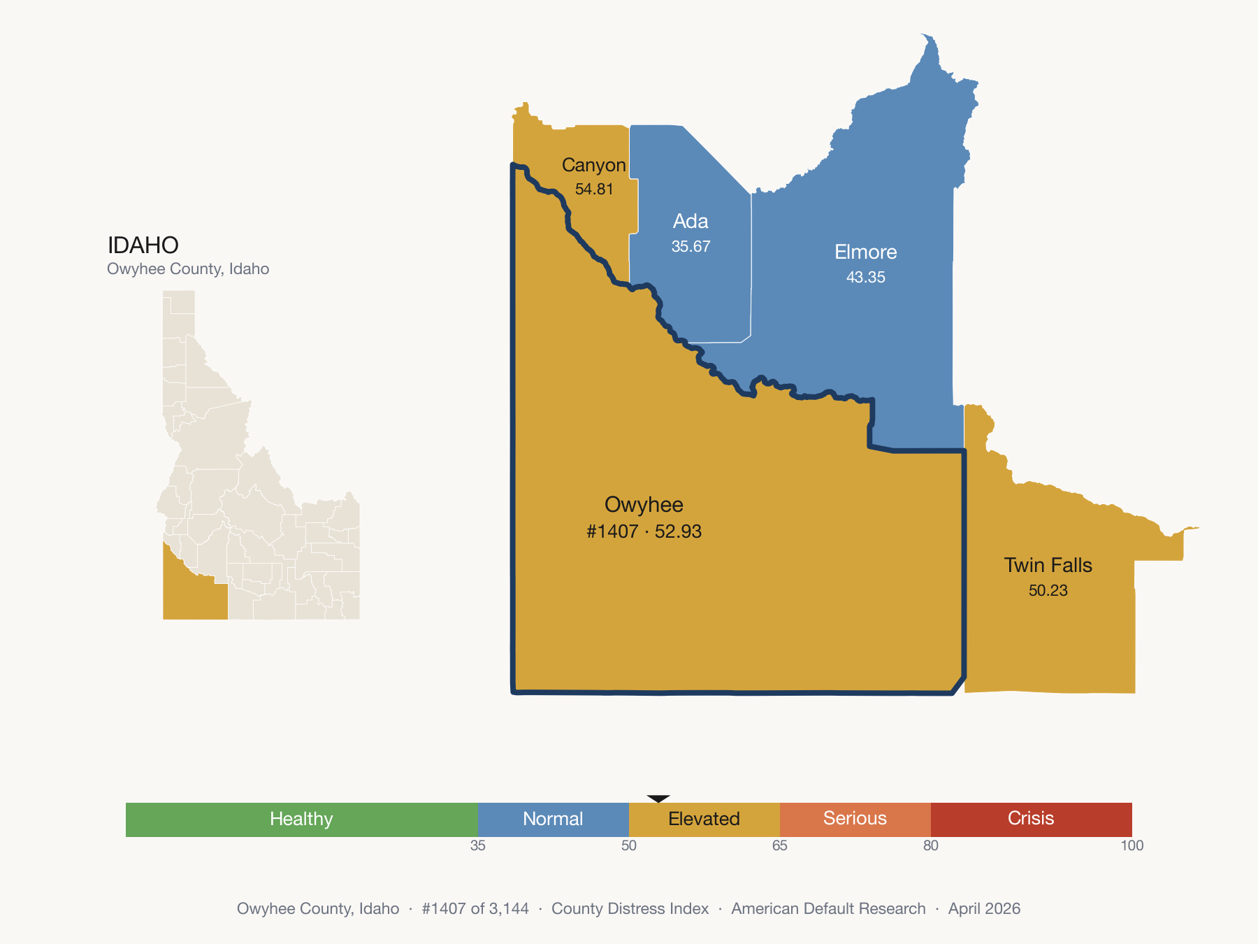 County Distress Index cluster map. Owyhee County, Idaho and its neighbors colored by distress fifth.