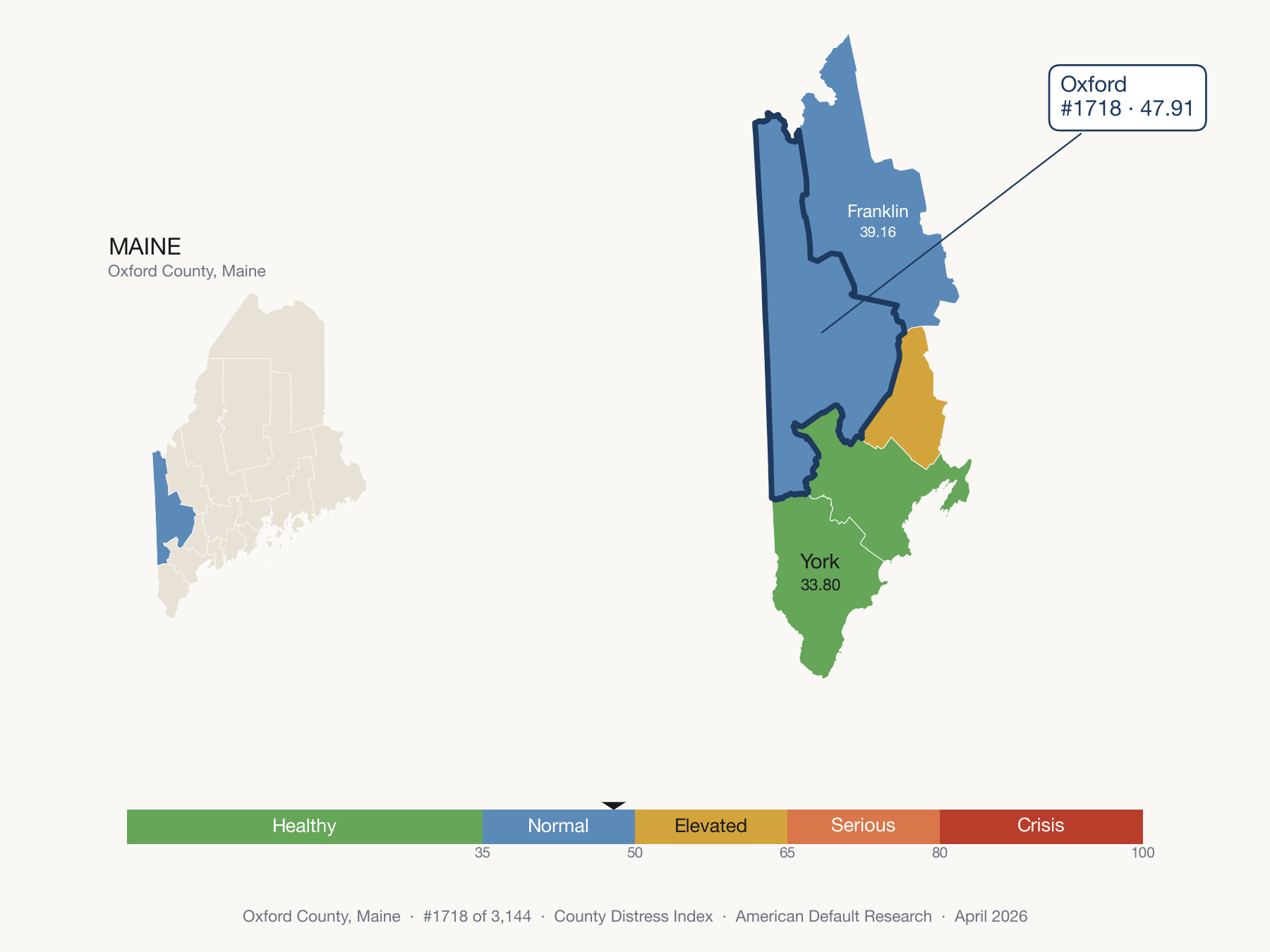 County Distress Index cluster map. Oxford County, Maine and its neighbors colored by distress fifth.