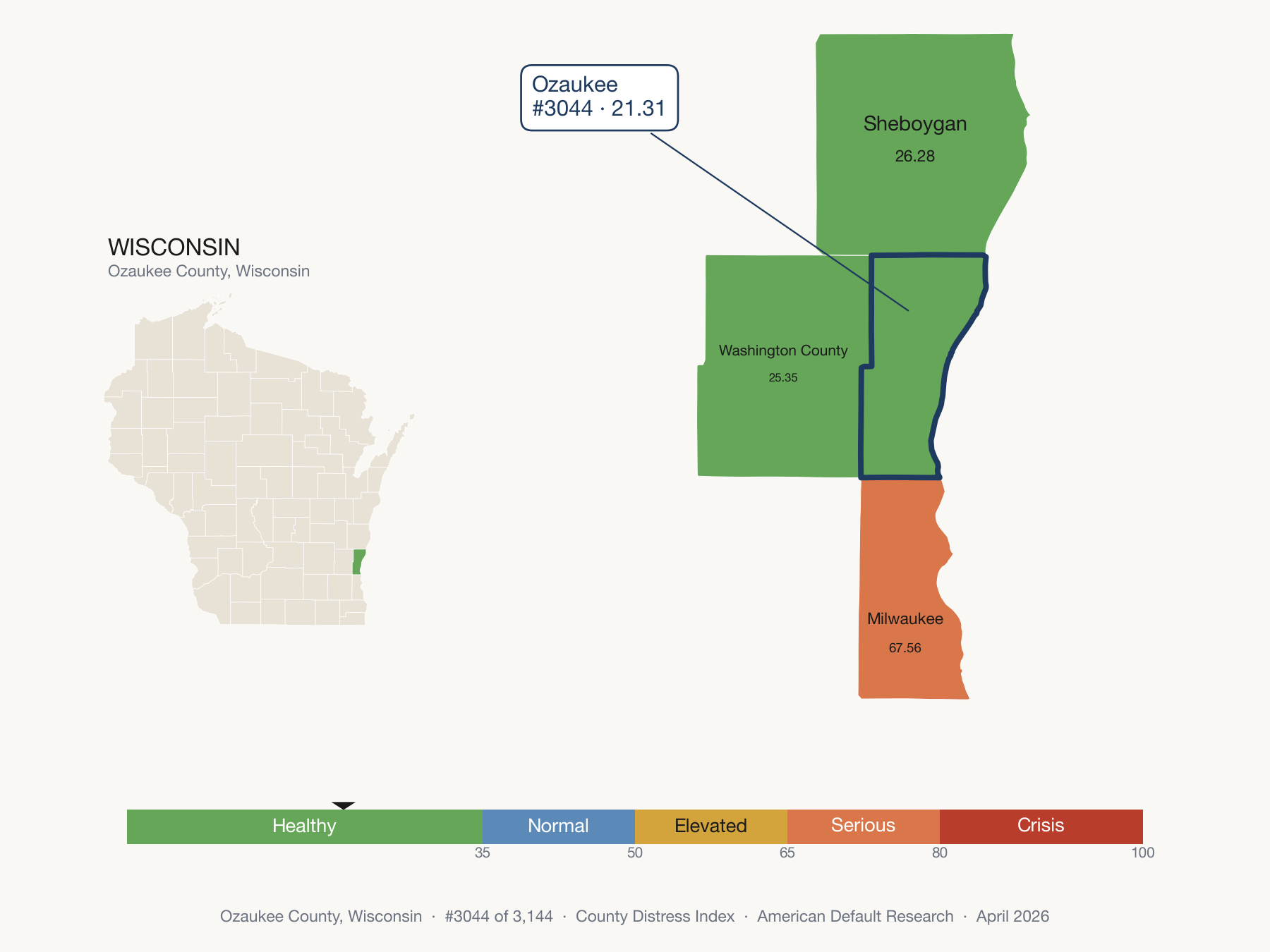 County Distress Index cluster map. Ozaukee County, Wisconsin and its neighbors colored by distress fifth.