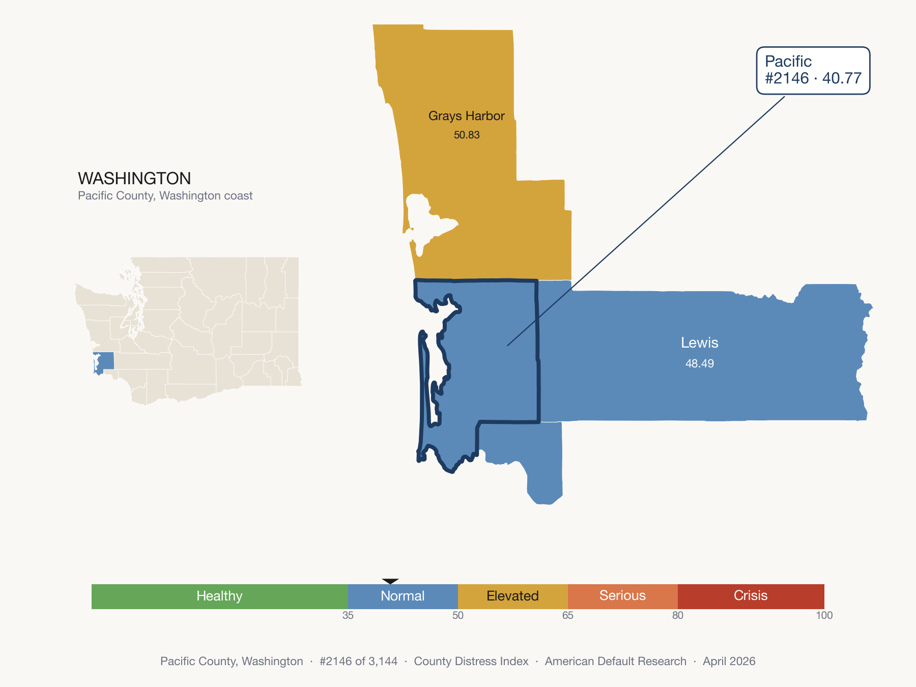 County Distress Index cluster map. Pacific County, Washington and its neighbors colored by distress fifth.