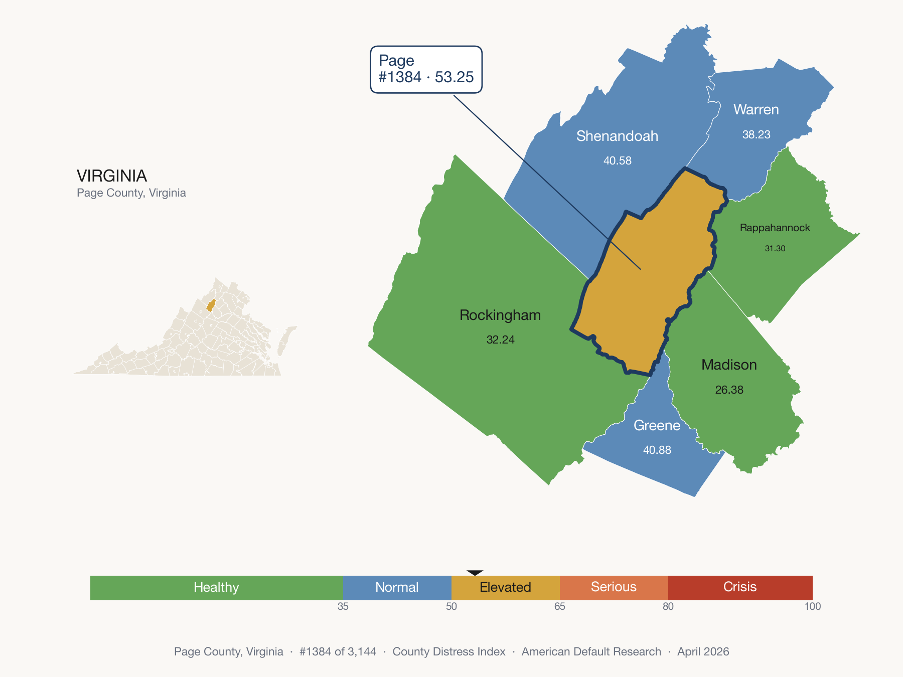 County Distress Index cluster map. Page County, Virginia and its neighbors colored by distress fifth.