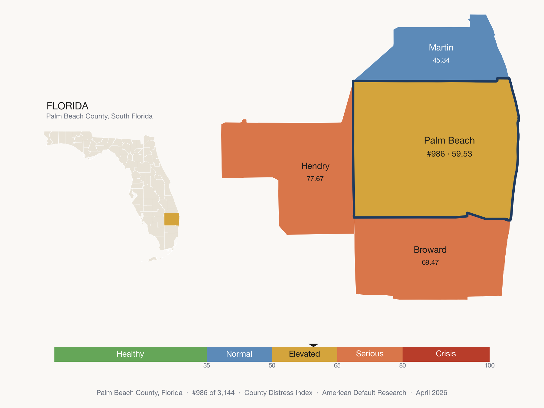 County Distress Index cluster map. Palm Beach County, Florida and its neighbors colored by distress fifth.