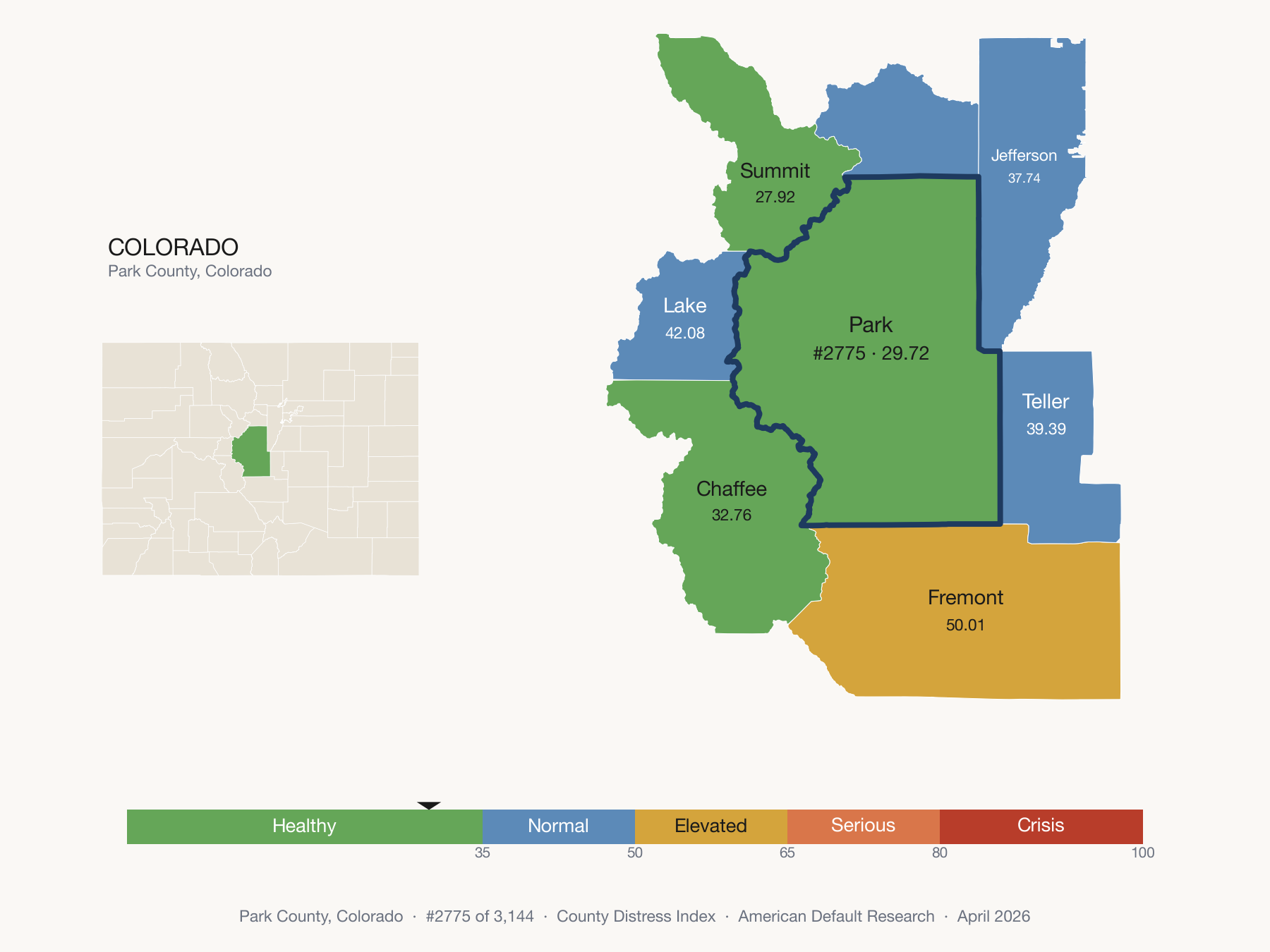County Distress Index cluster map. Park County, Colorado and its neighbors colored by distress fifth.