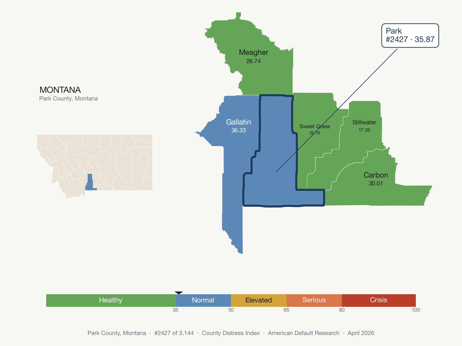 County Distress Index cluster map. Park County, Montana and its neighbors colored by distress fifth.
