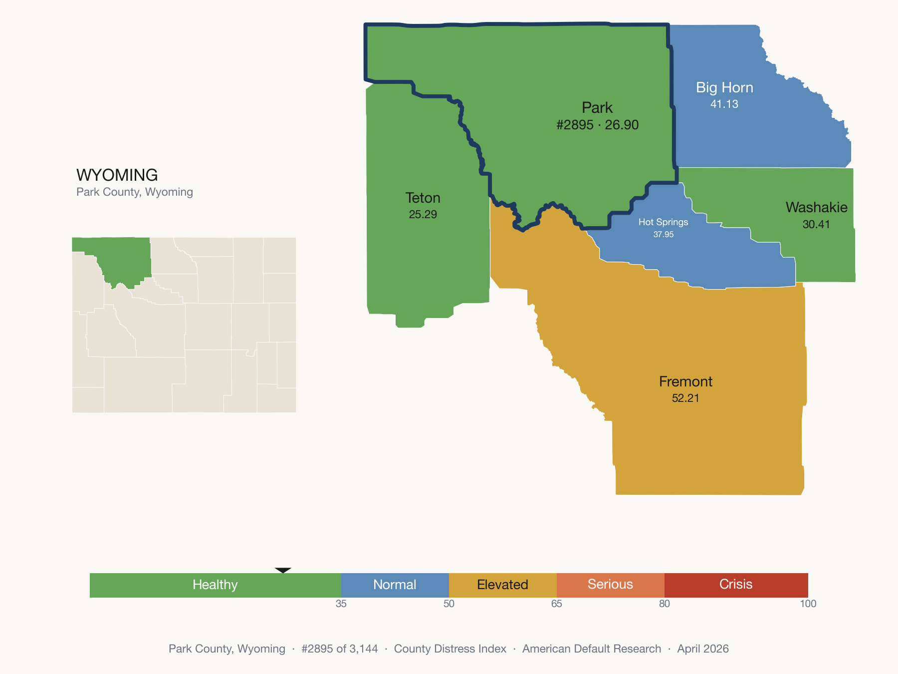 County Distress Index cluster map. Park County, Wyoming and its neighbors colored by distress fifth.