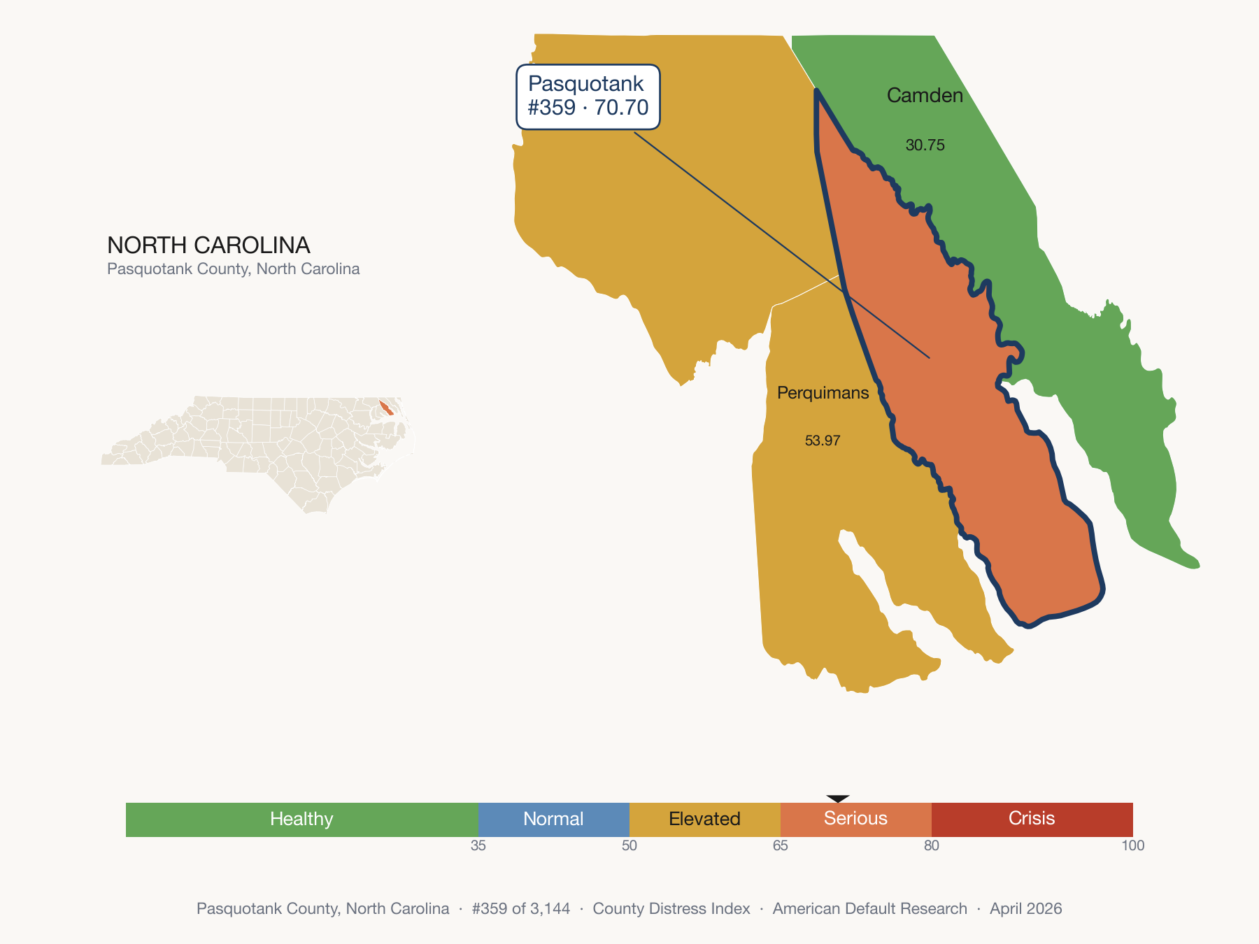 County Distress Index cluster map. Pasquotank County, North Carolina and its neighbors colored by distress fifth.