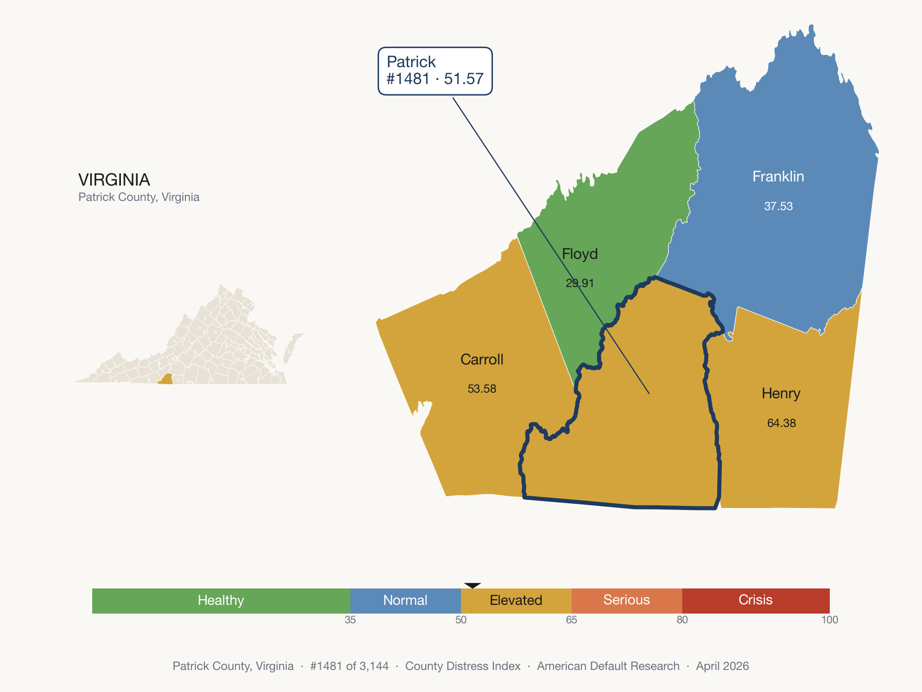 County Distress Index cluster map. Patrick County, Virginia and its neighbors colored by distress fifth.