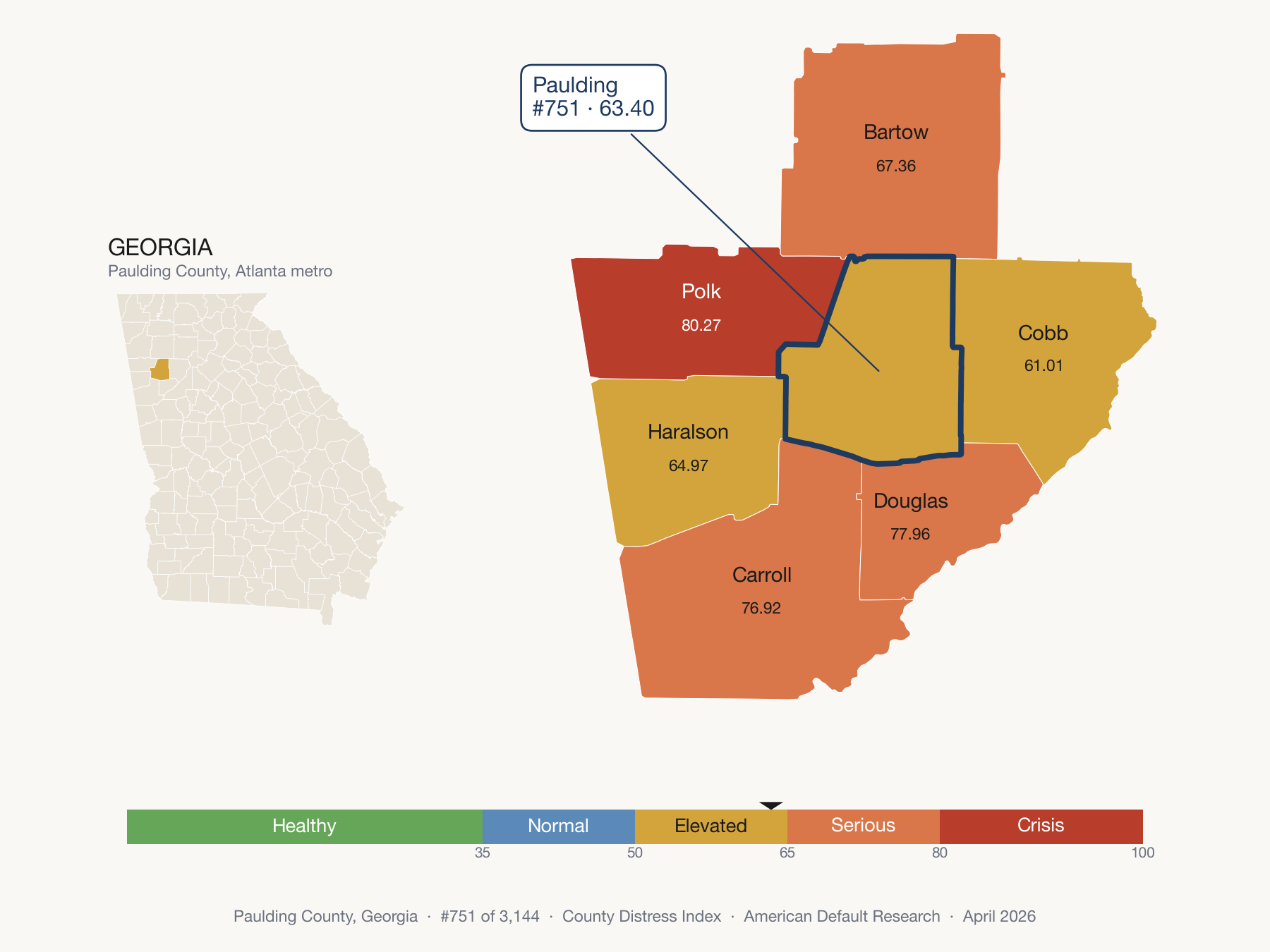 County Distress Index cluster map. Paulding County, Georgia and its neighbors colored by distress fifth.