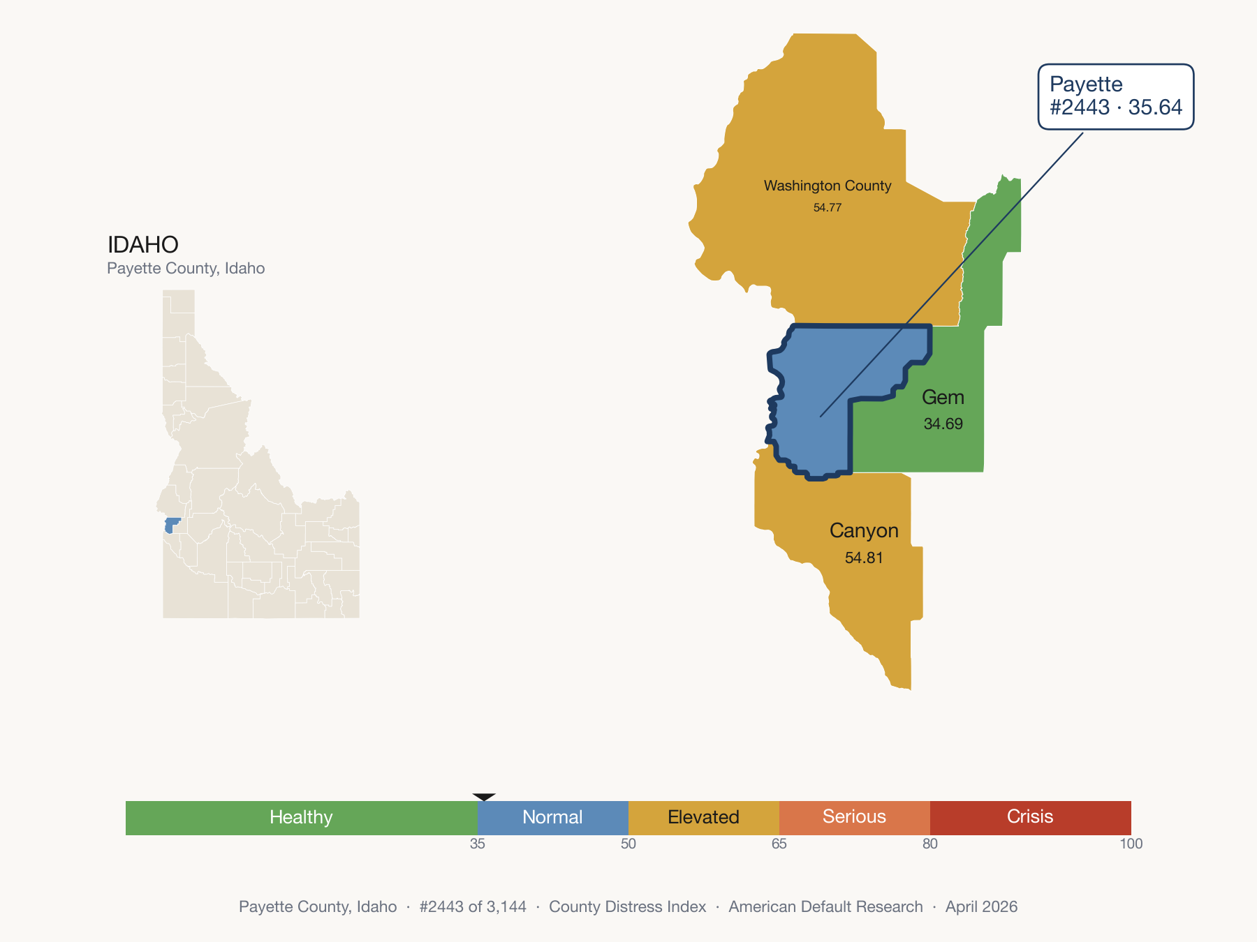County Distress Index cluster map. Payette County, Idaho and its neighbors colored by distress fifth.