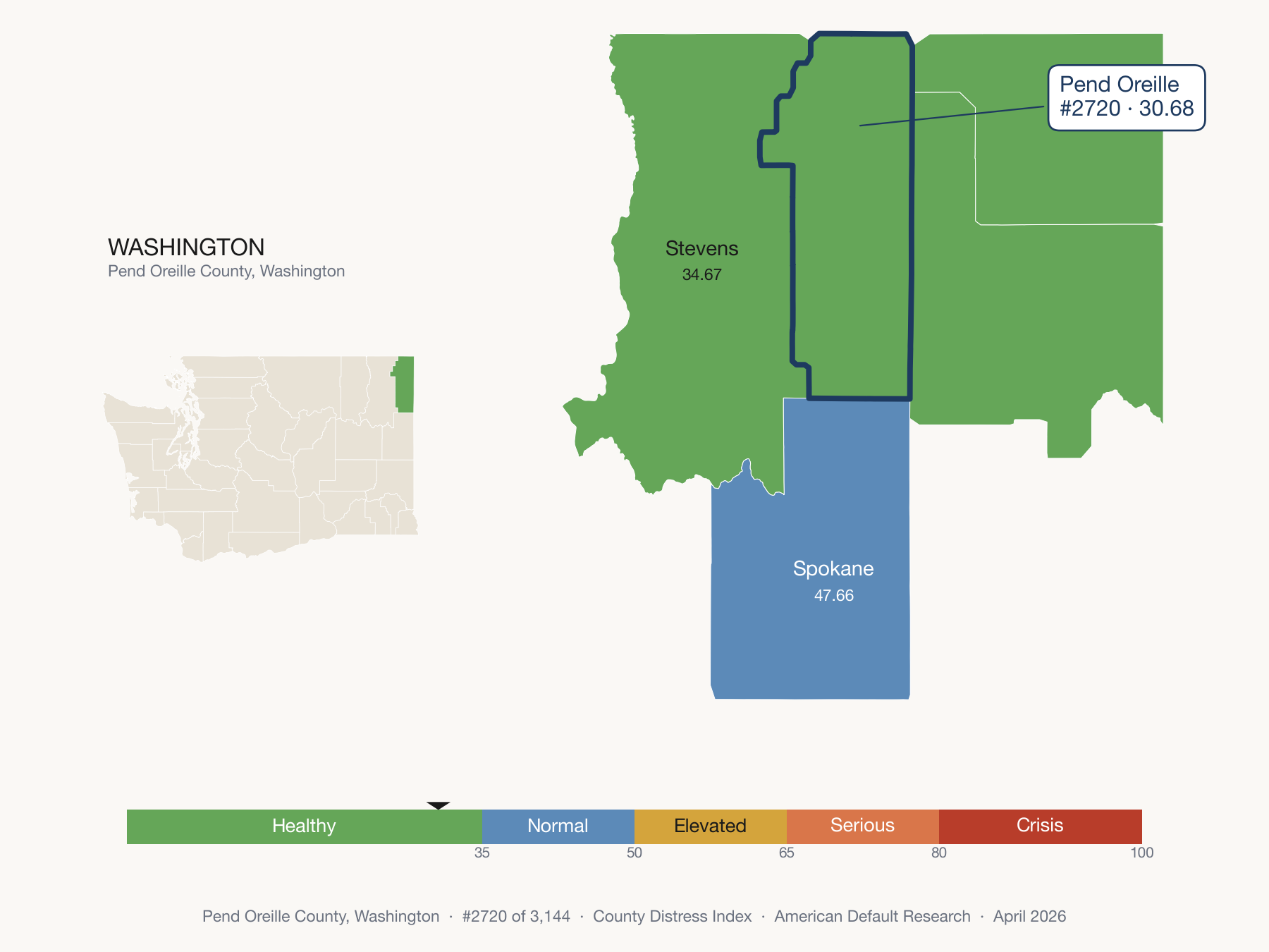 County Distress Index cluster map. Pend Oreille County, Washington and its neighbors colored by distress fifth.