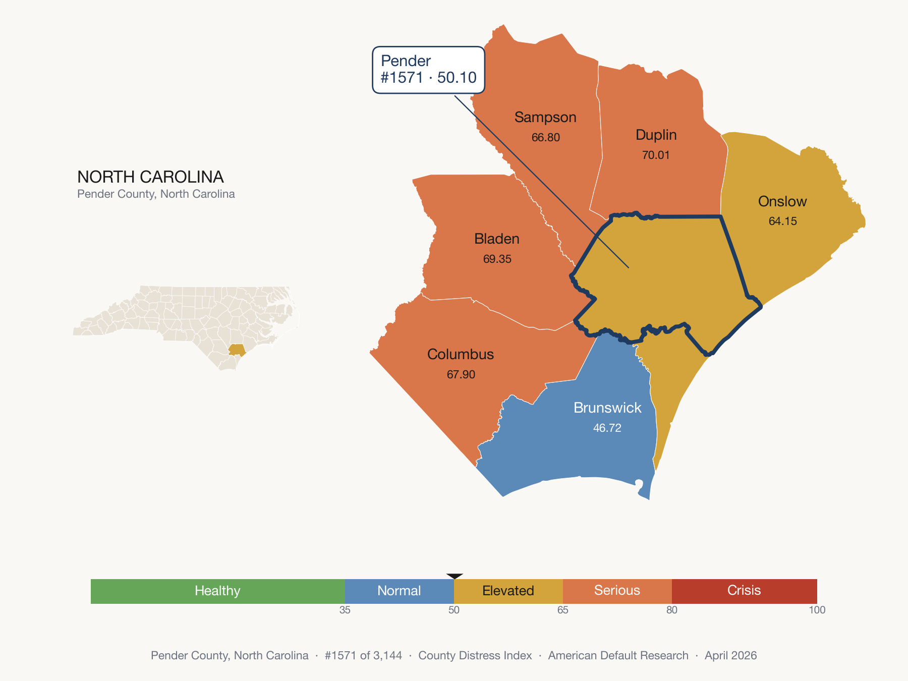 County Distress Index cluster map. Pender County, North Carolina and its neighbors colored by distress fifth.