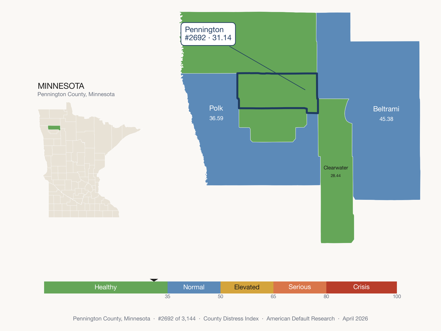 County Distress Index cluster map. Pennington County, Minnesota and its neighbors colored by distress fifth.