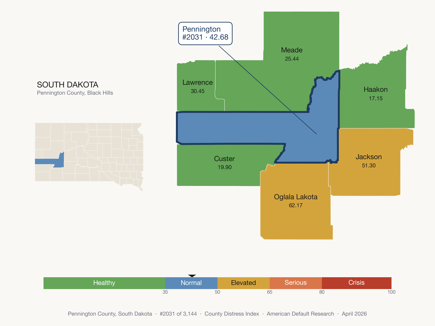 County Distress Index cluster map. Pennington County, South Dakota and its neighbors colored by distress fifth.