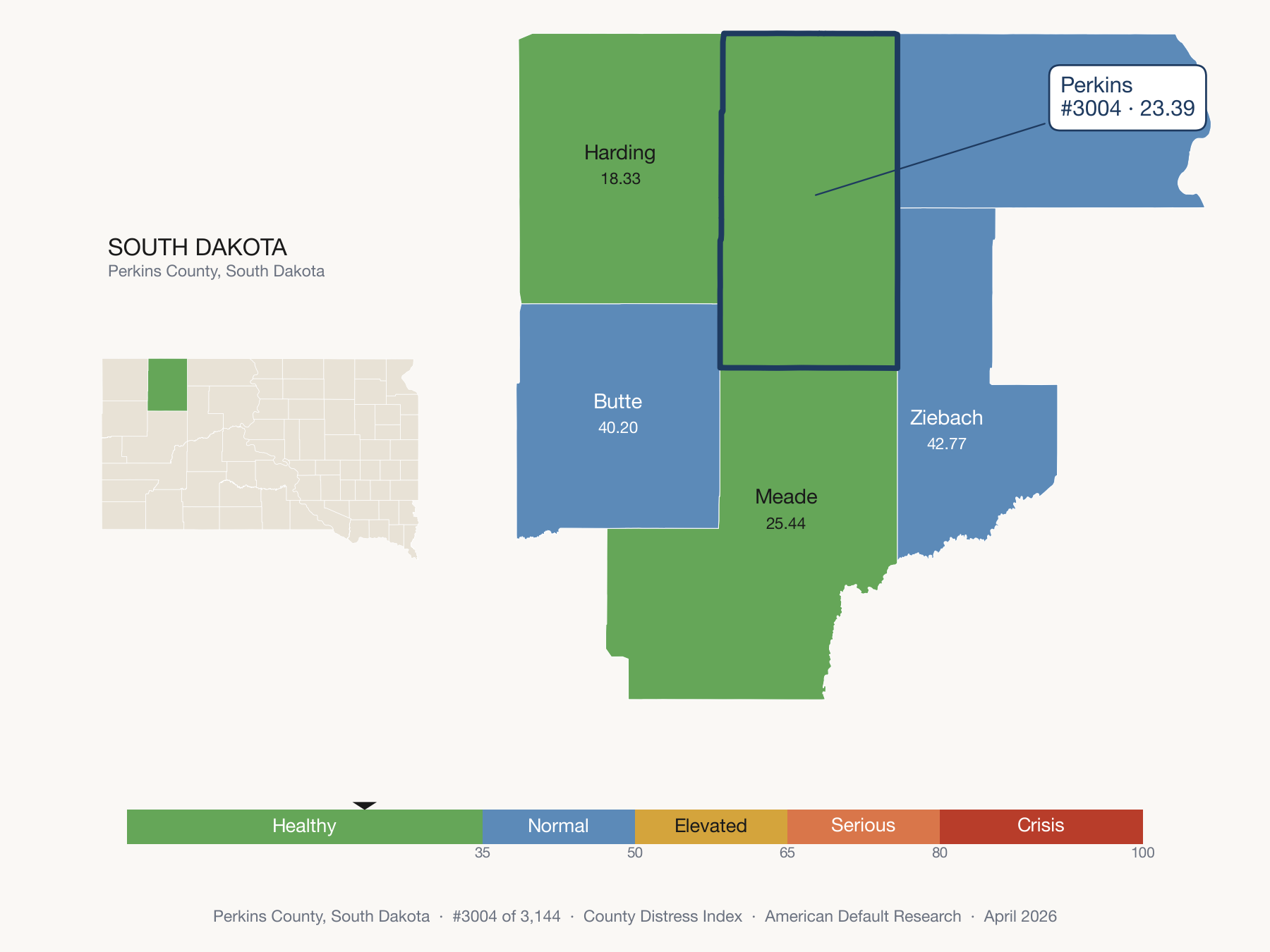 County Distress Index cluster map. Perkins County, South Dakota and its neighbors colored by distress fifth.