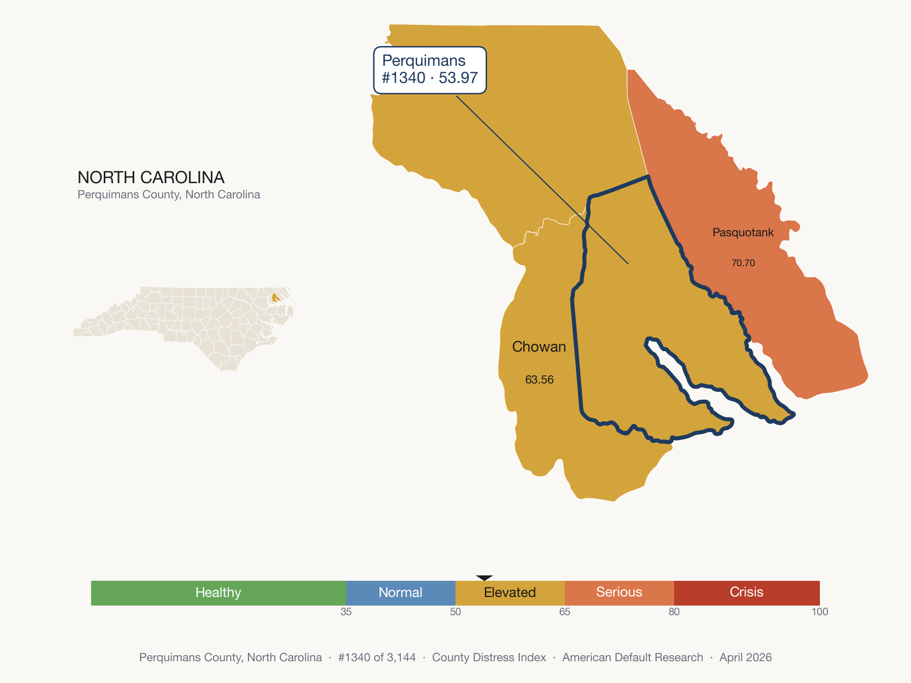 County Distress Index cluster map. Perquimans County, North Carolina and its neighbors colored by distress fifth.