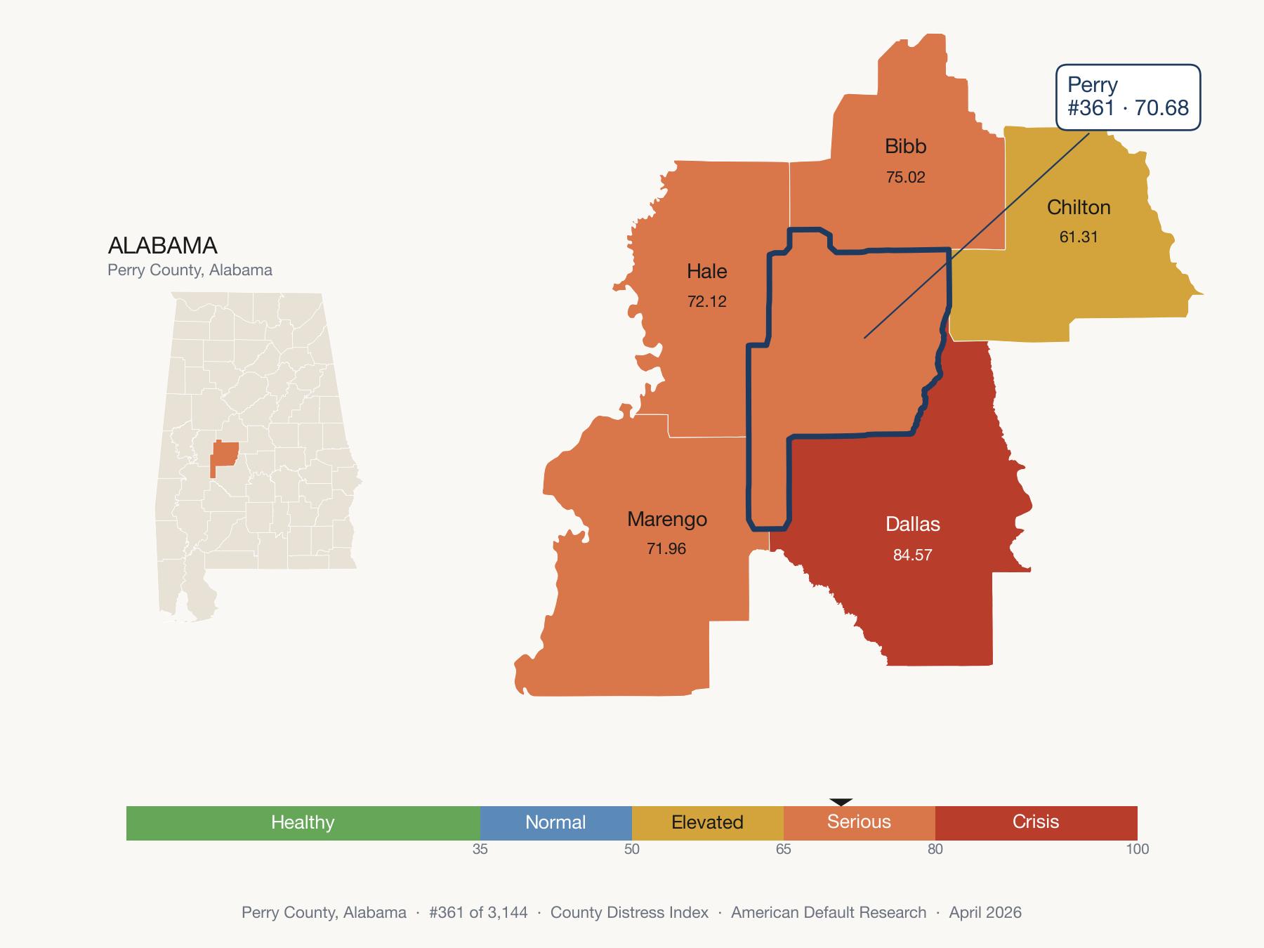 County Distress Index cluster map. Perry County, Alabama and its neighbors colored by distress fifth.