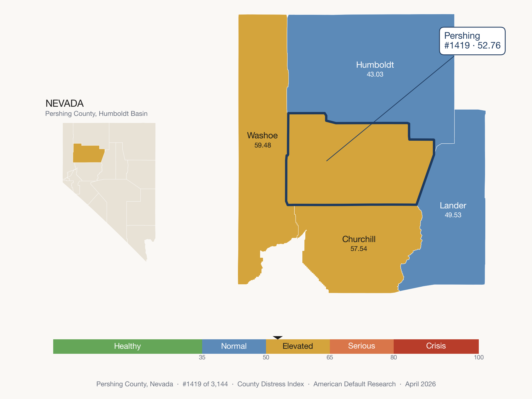 County Distress Index cluster map. Pershing County, Nevada and its neighbors colored by distress fifth.