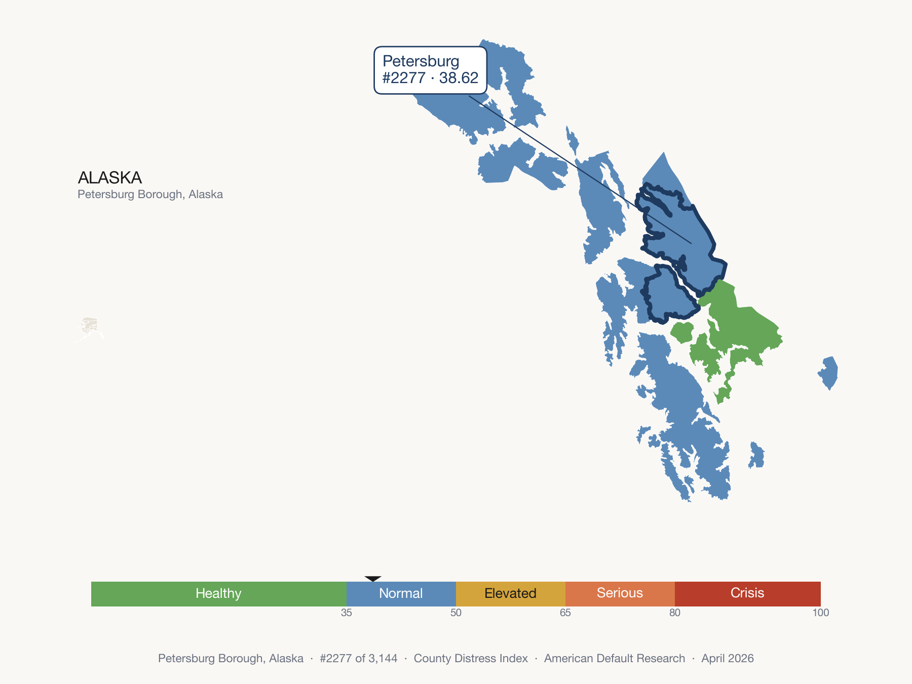 County Distress Index cluster map. Petersburg Borough, Alaska and its neighbors colored by distress fifth.