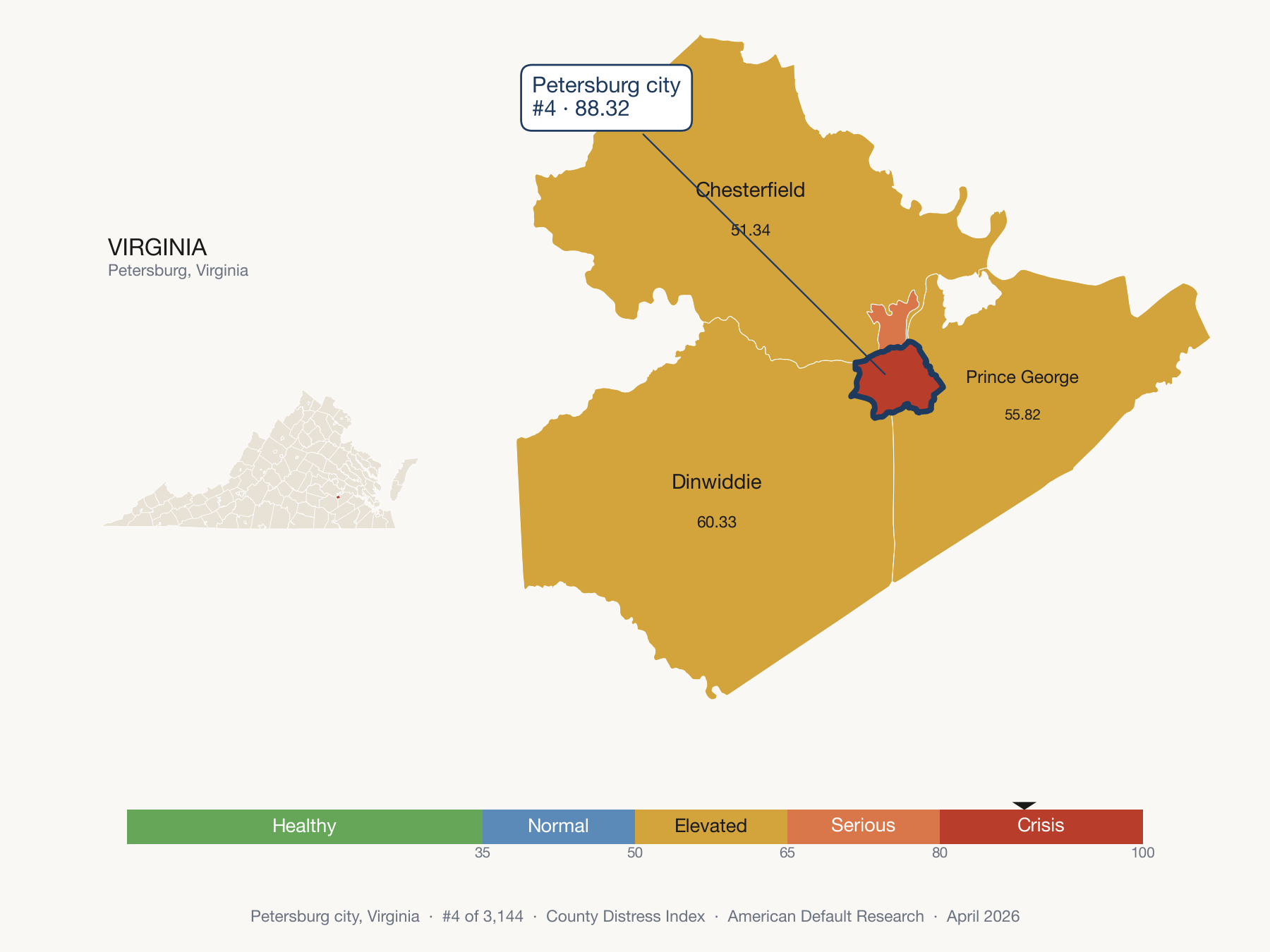 County Distress Index cluster map. Petersburg city, Virginia and its neighbors colored by distress fifth.