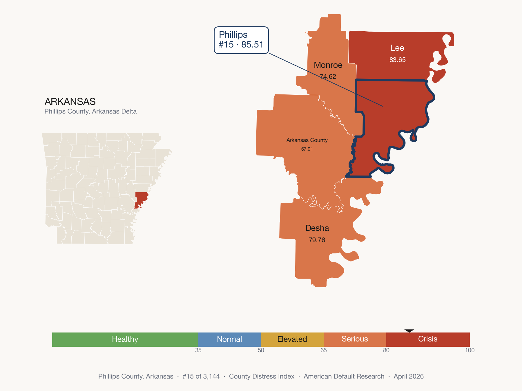 County Distress Index cluster map. Phillips County, Arkansas and its neighbors colored by distress fifth.