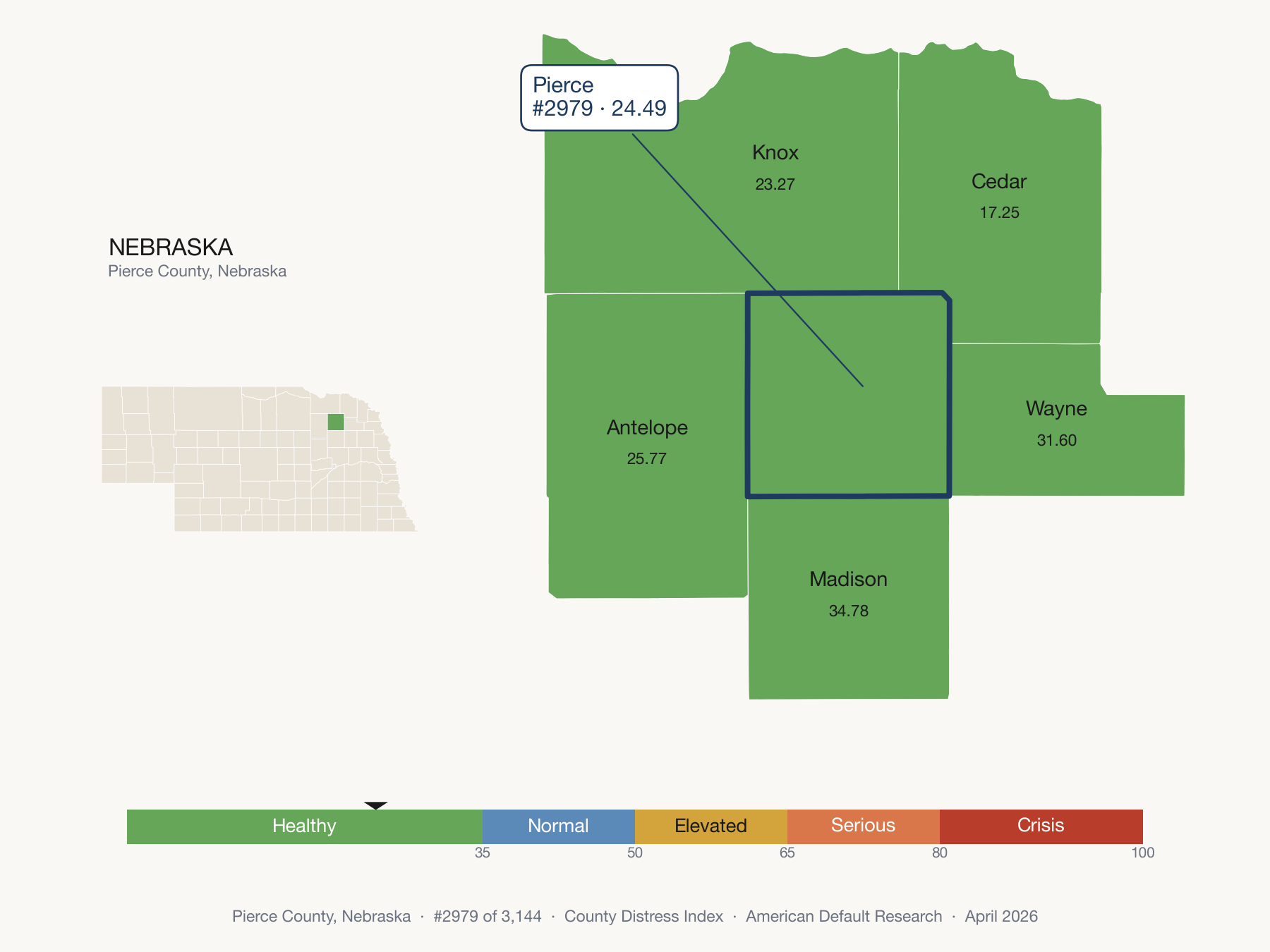 County Distress Index cluster map. Pierce County, Nebraska and its neighbors colored by distress fifth.