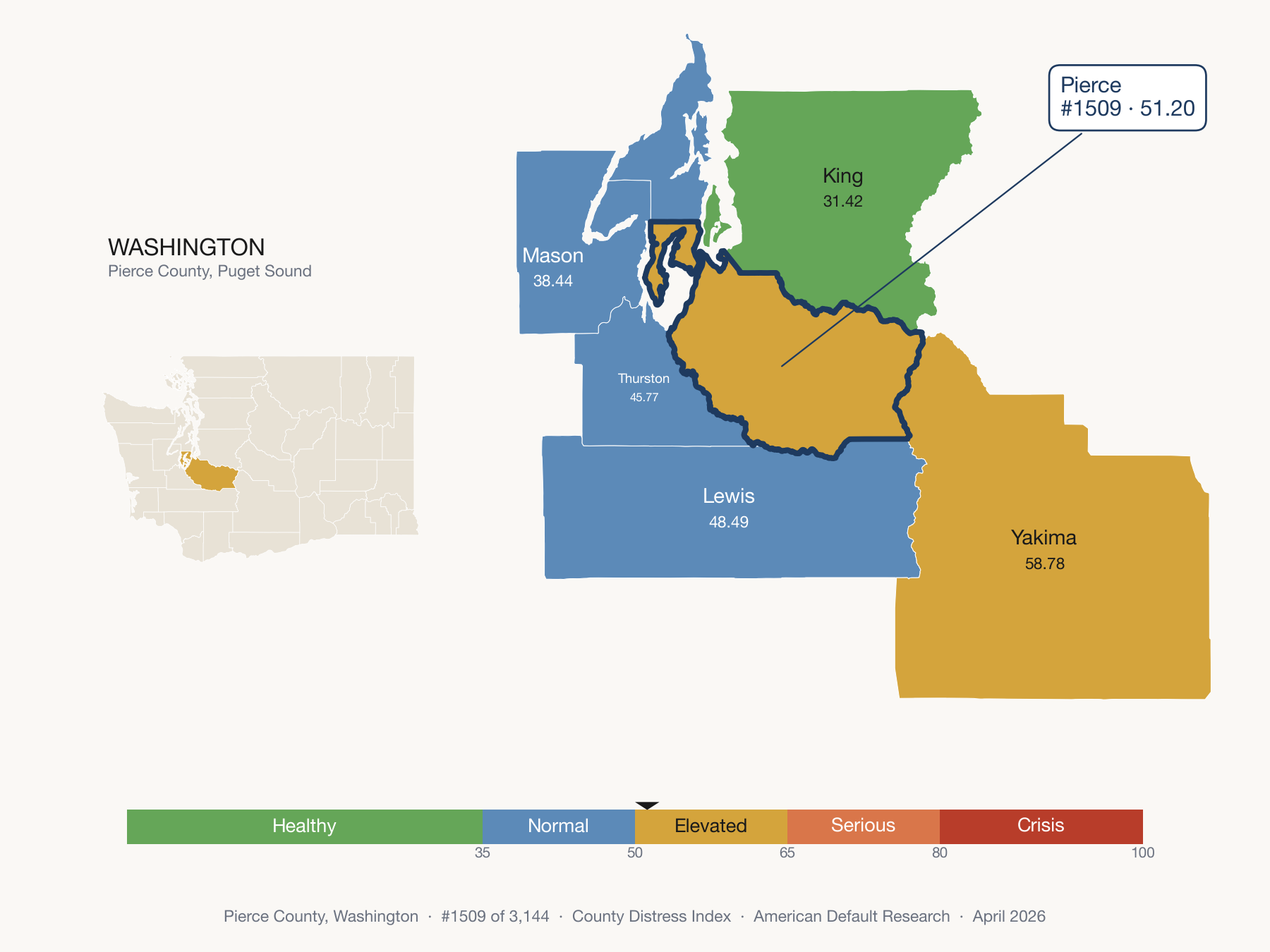 County Distress Index cluster map. Pierce County, Washington and its neighbors colored by distress fifth.