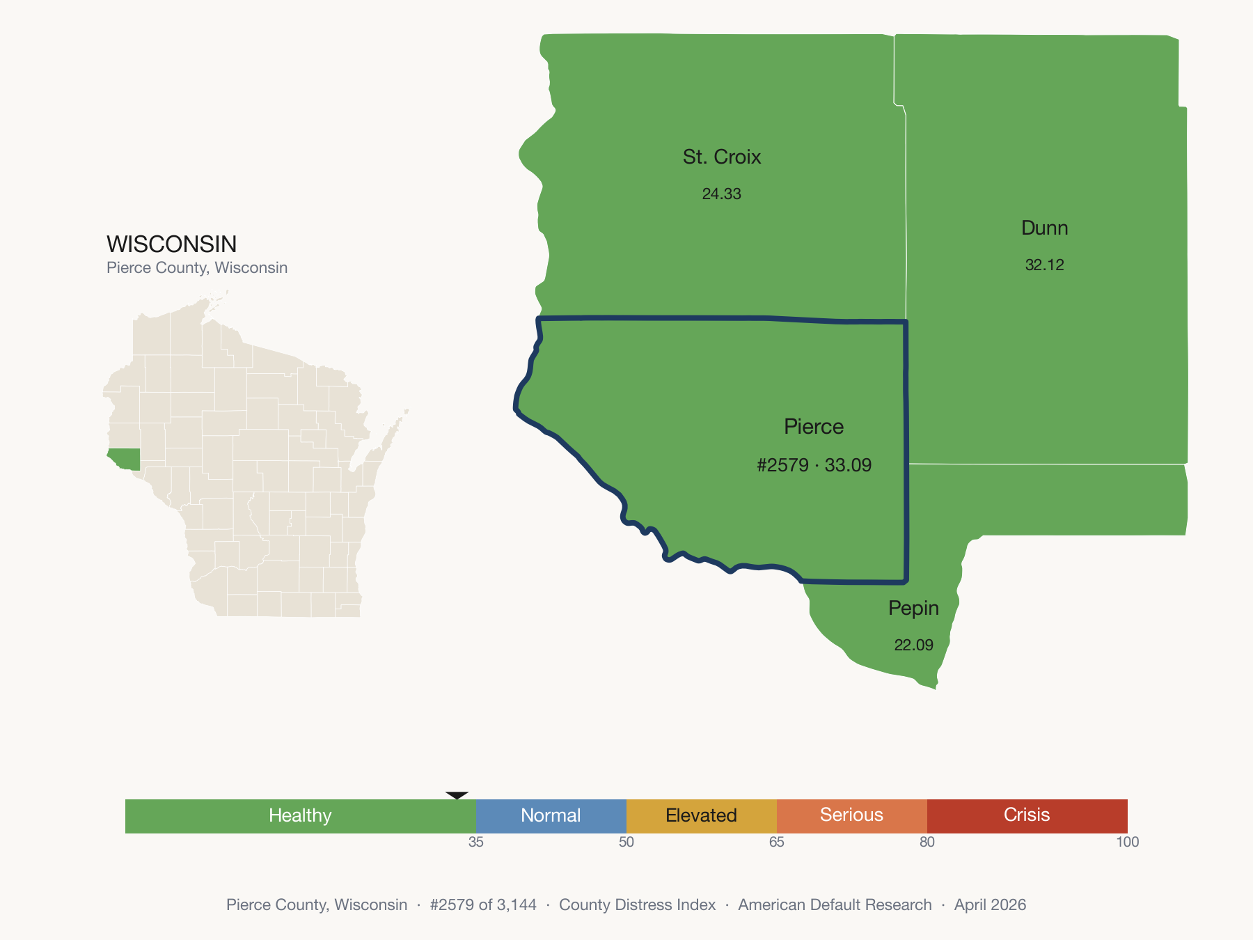 County Distress Index cluster map. Pierce County, Wisconsin and its neighbors colored by distress fifth.