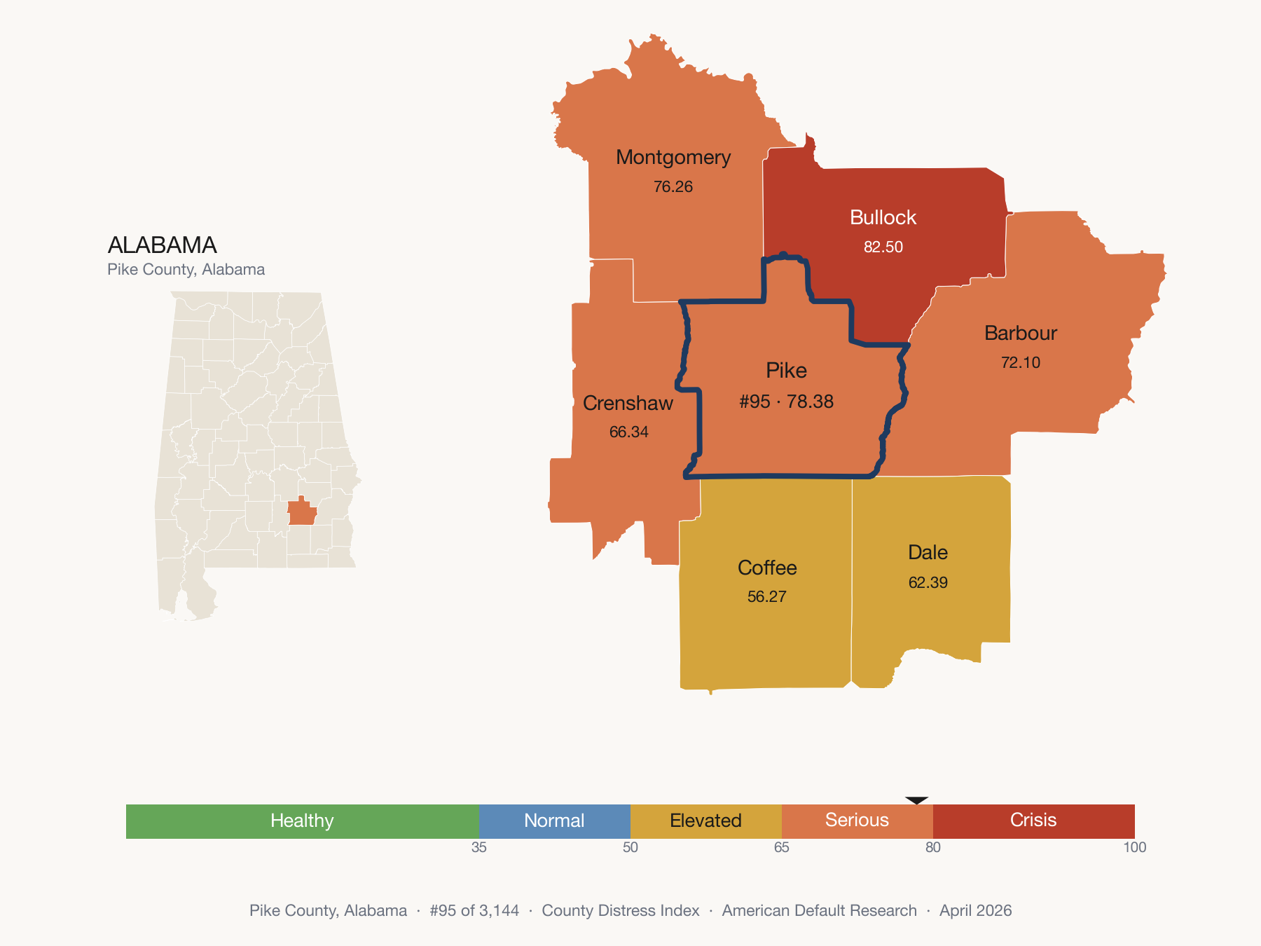 County Distress Index cluster map. Pike County, Alabama and its neighbors colored by distress fifth.
