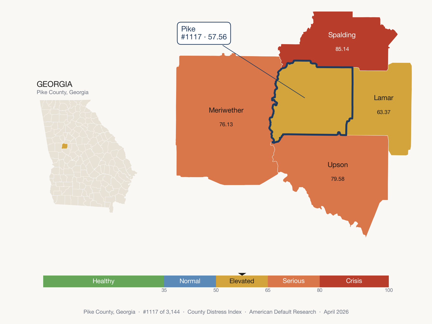 County Distress Index cluster map. Pike County, Georgia and its neighbors colored by distress fifth.
