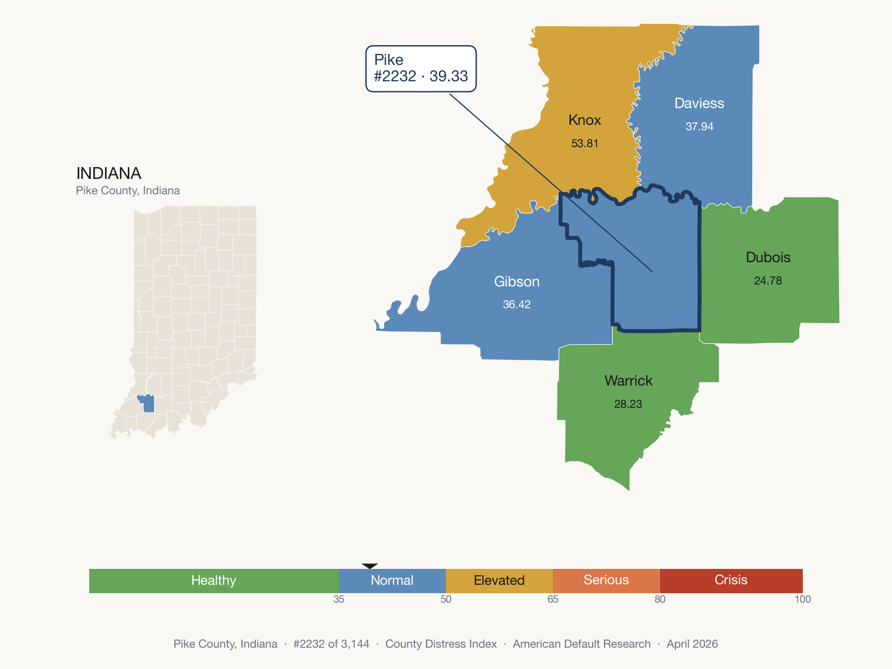 County Distress Index cluster map. Pike County, Indiana and its neighbors colored by distress fifth.