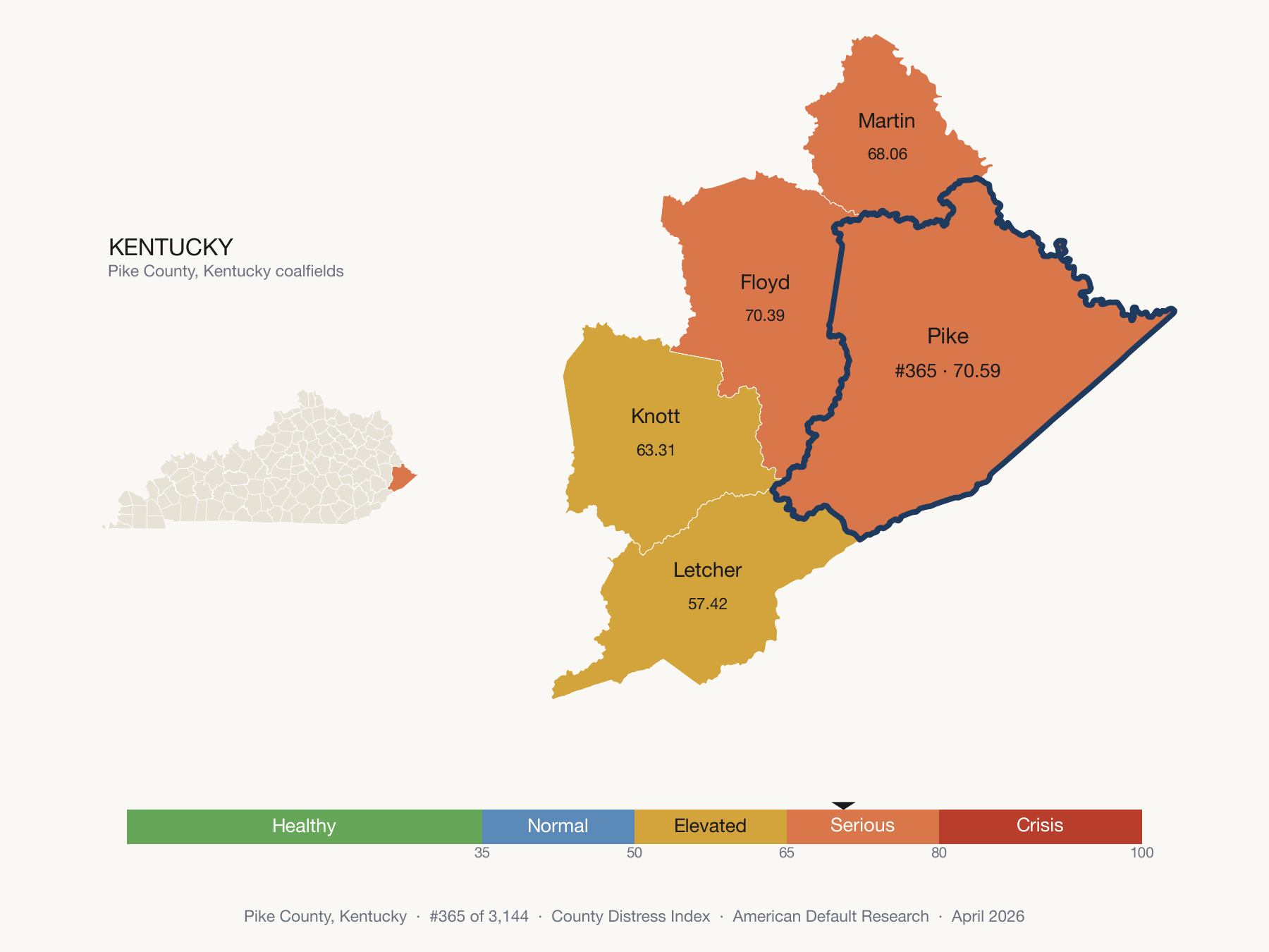 County Distress Index cluster map. Pike County, Kentucky and its neighbors colored by distress fifth.