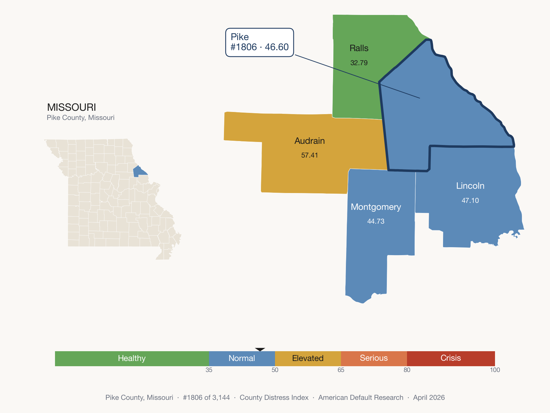 County Distress Index cluster map. Pike County, Missouri and its neighbors colored by distress fifth.