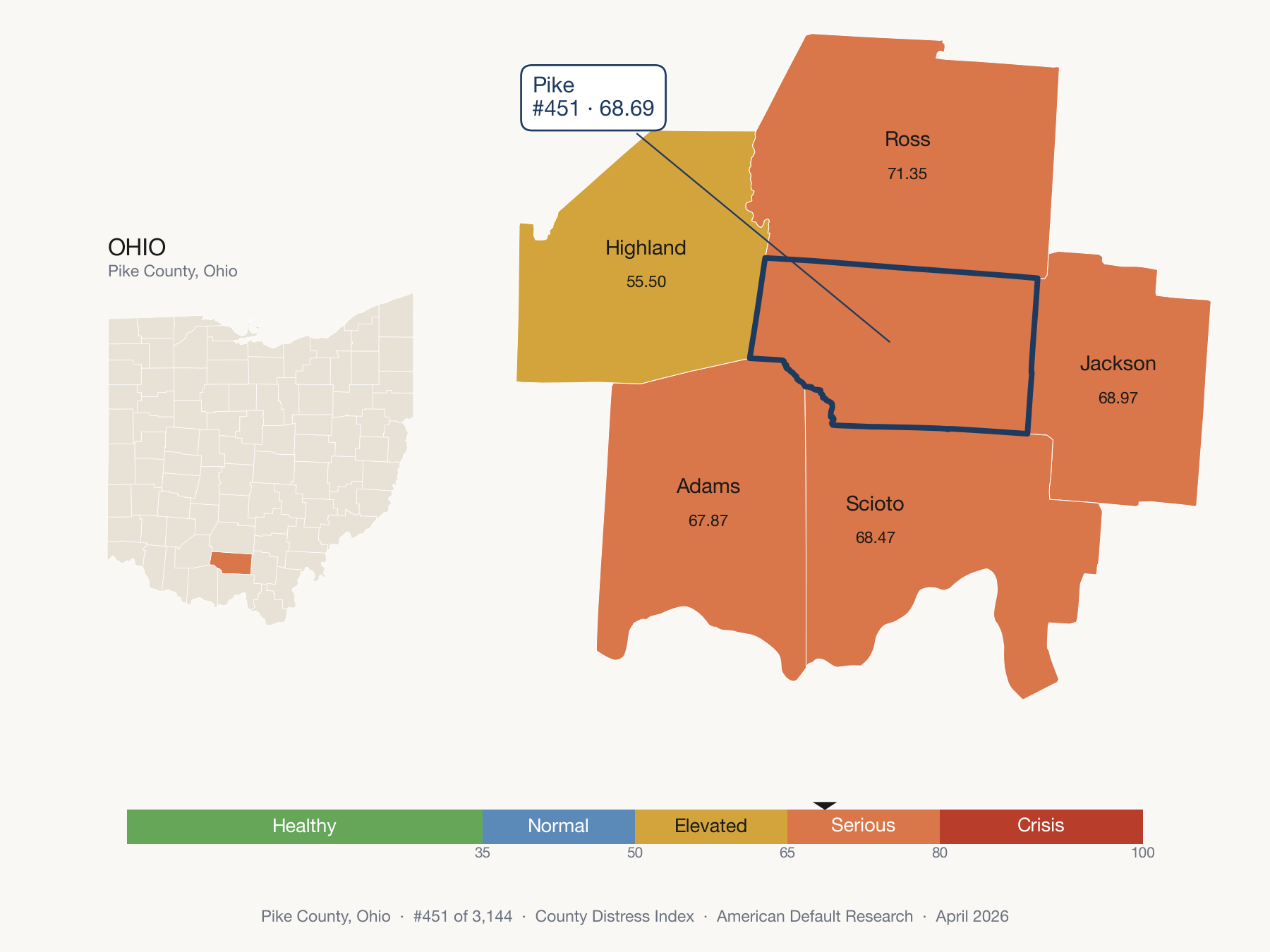 County Distress Index cluster map. Pike County, Ohio and its neighbors colored by distress fifth.