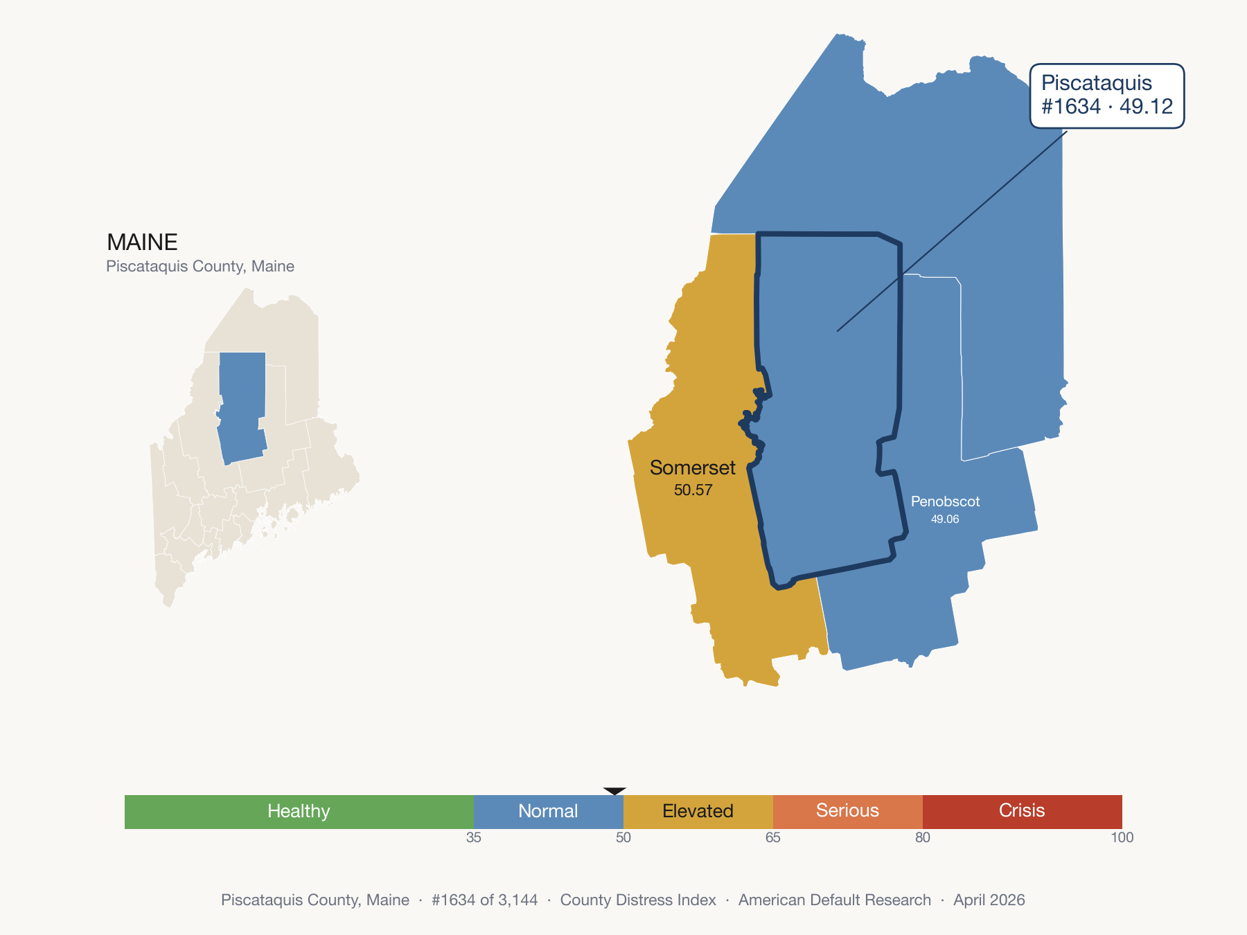 County Distress Index cluster map. Piscataquis County, Maine and its neighbors colored by distress fifth.