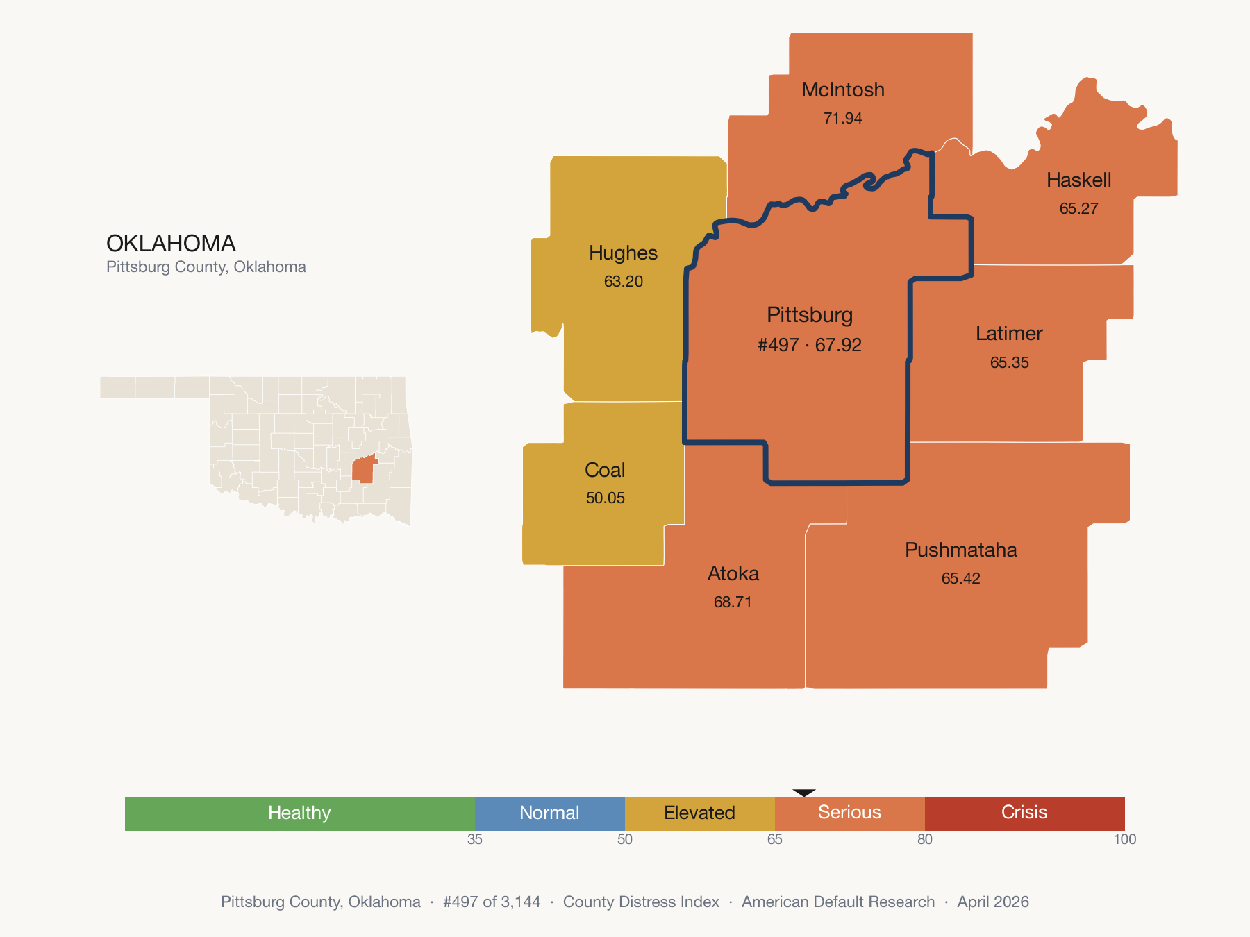County Distress Index cluster map. Pittsburg County, Oklahoma and its neighbors colored by distress fifth.