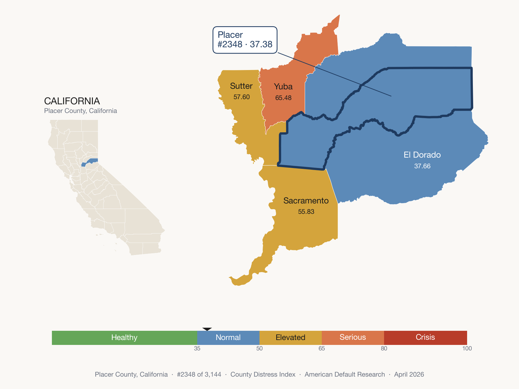 County Distress Index cluster map. Placer County, California and its neighbors colored by distress fifth.