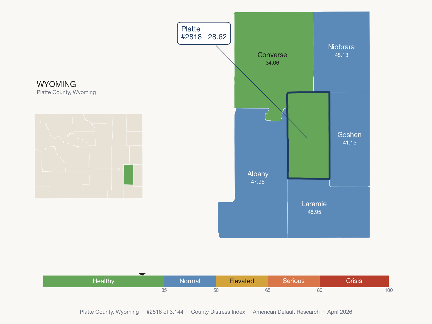 County Distress Index cluster map. Platte County, Wyoming and its neighbors colored by distress fifth.