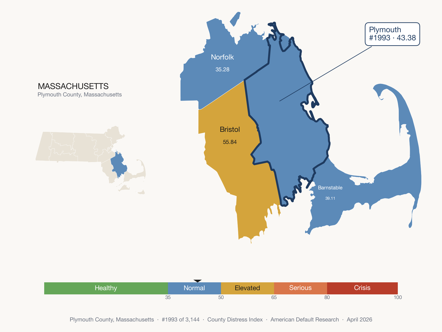 County Distress Index cluster map. Plymouth County, Massachusetts and its neighbors colored by distress fifth.