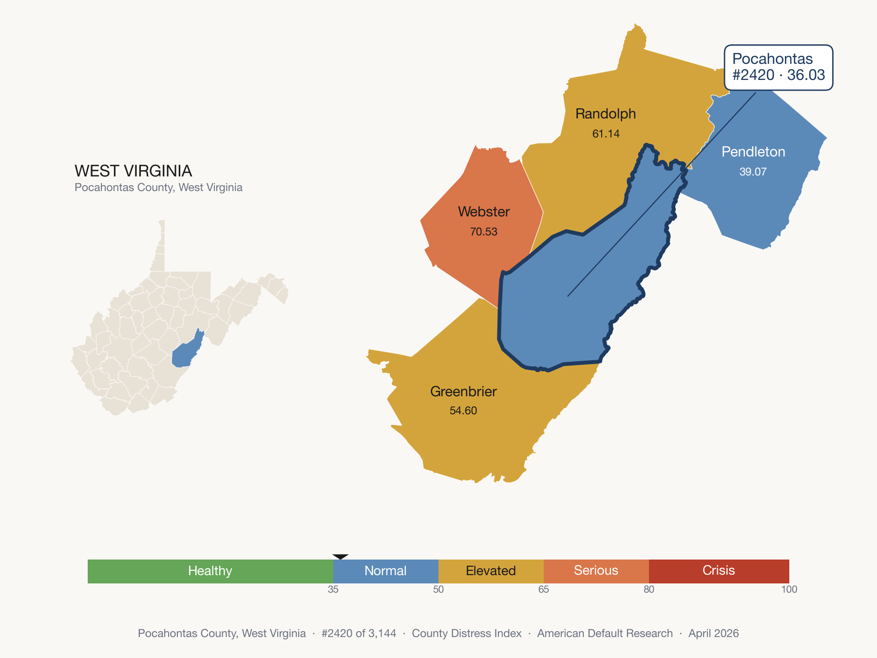 County Distress Index cluster map. Pocahontas County, West Virginia and its neighbors colored by distress fifth.