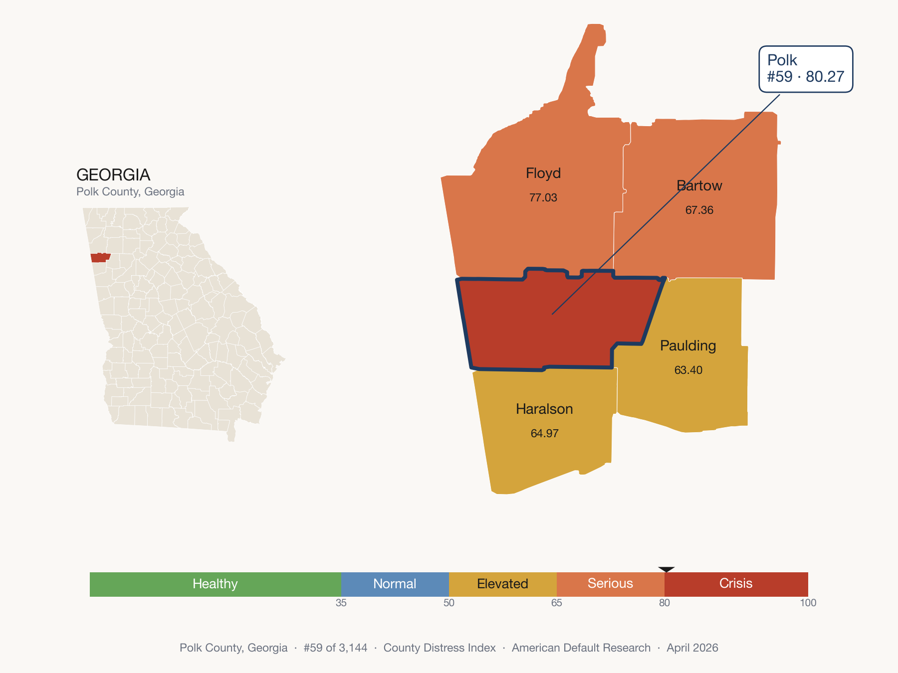 County Distress Index cluster map. Polk County, Georgia and its neighbors colored by distress fifth.