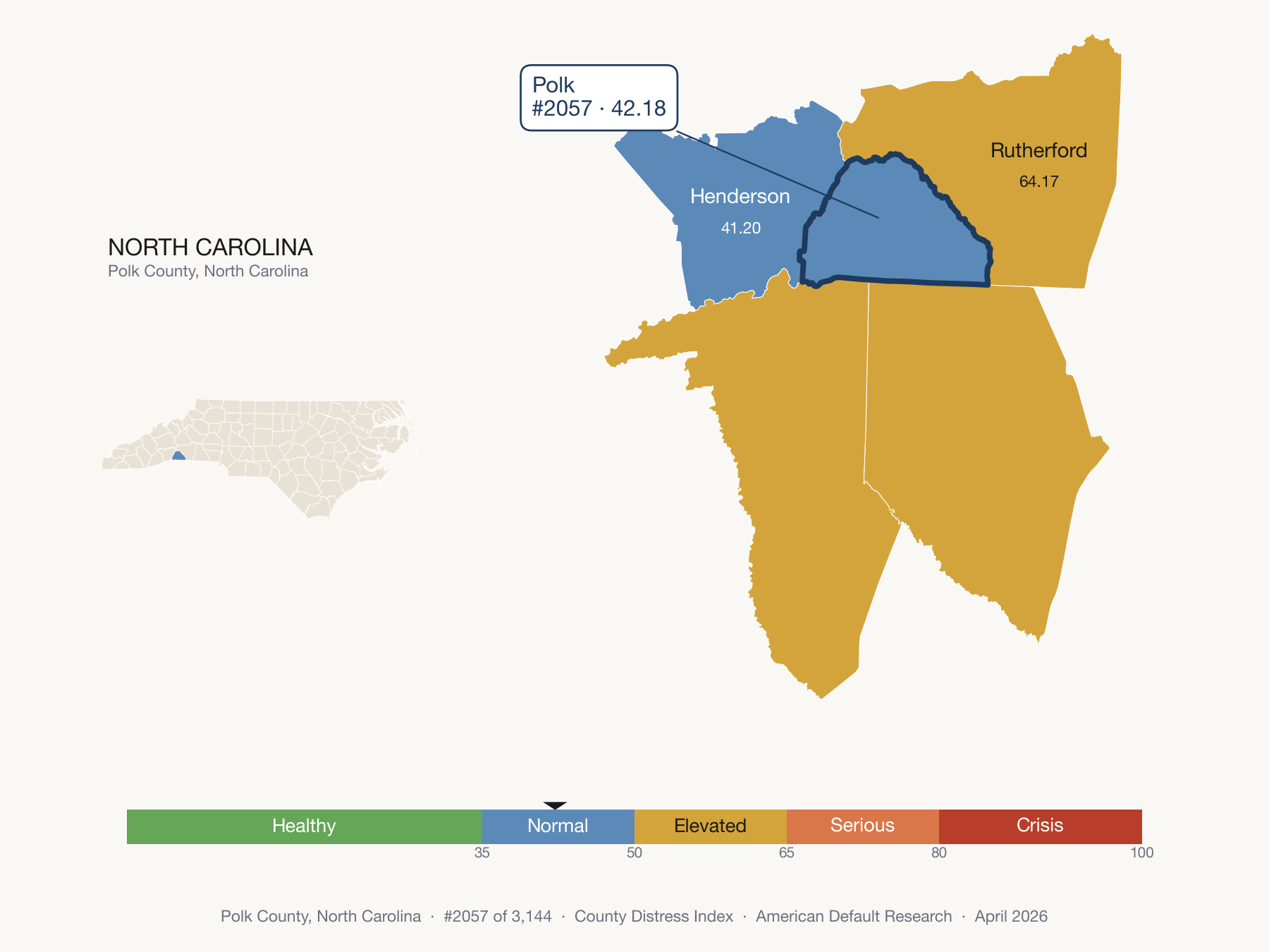 County Distress Index cluster map. Polk County, North Carolina and its neighbors colored by distress fifth.